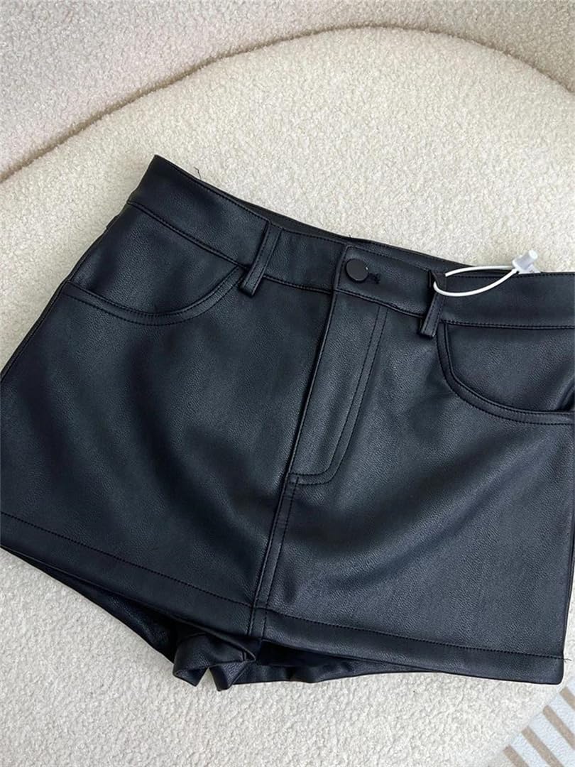 Kelsiop Minifalda de piel sintética para mujer, cintura alta, con bolsillos, falda corta para fiesta de club