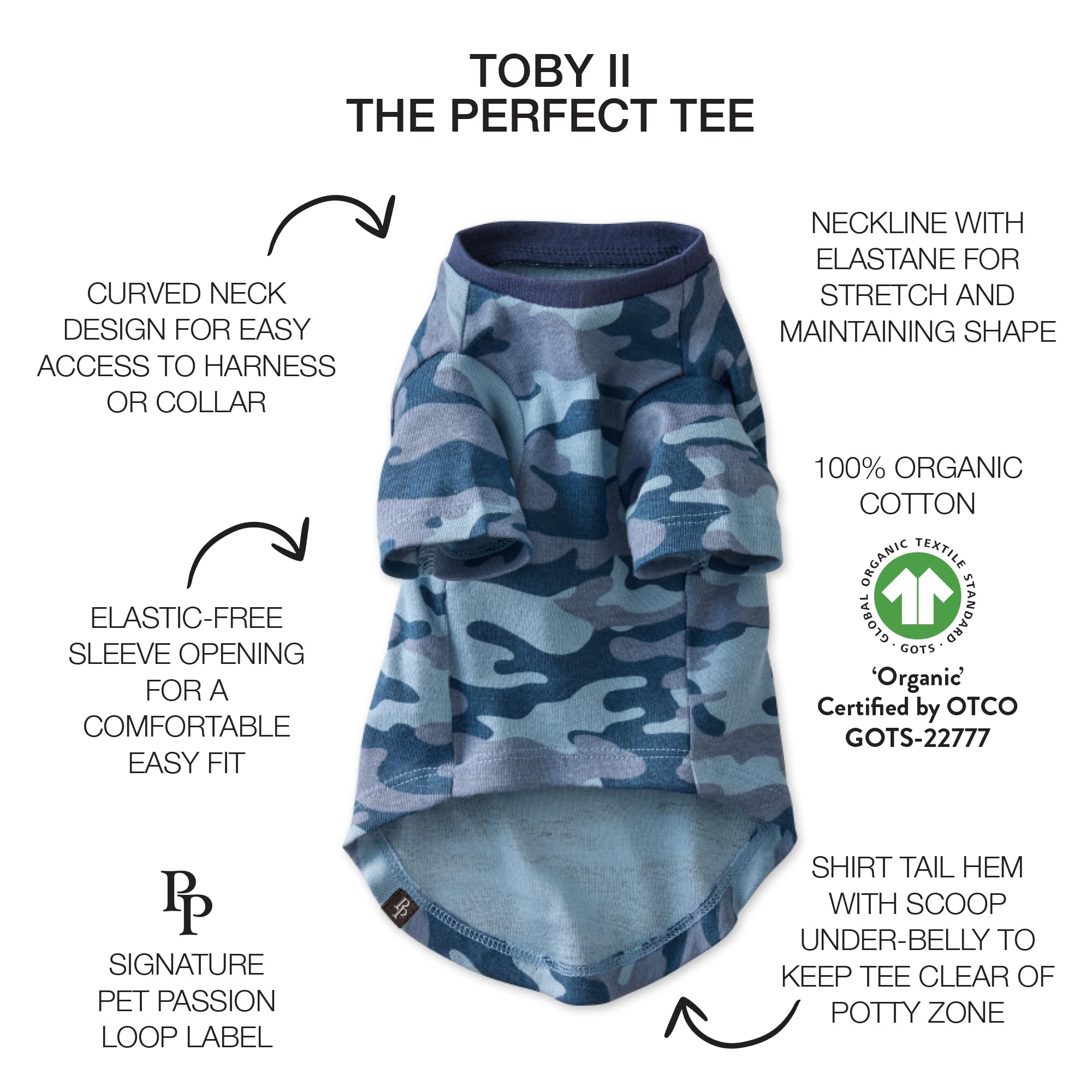 Pet Passion Toby II dog t-shirts in Navy Camo, showcasing the short sleeve design and organic cotton fabric.