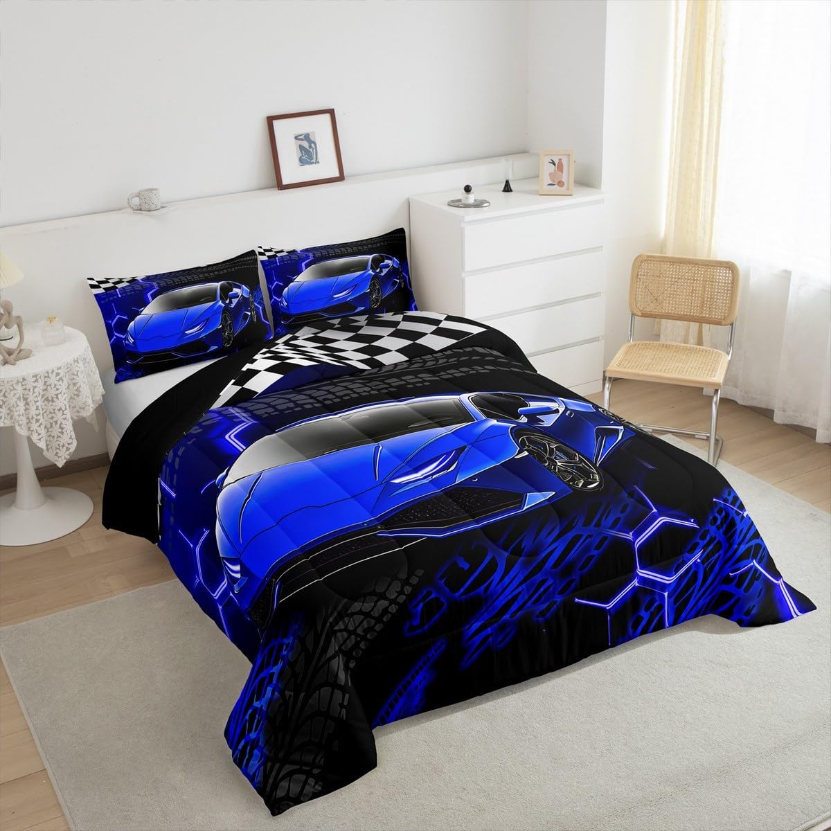 Feelyou Racing Car Bedding Set for Kids Boys Girls Twin Size - Speed Sports Comforter Set for Teens Adults - Soft Extreme Sports Duvet Quilt with Honeycomb Pattern - Bedroom Decor Quilt