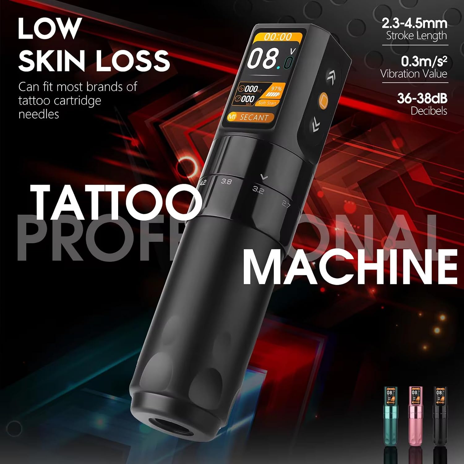 Wireless Tattoo Pen with Adjustable Stroke - Rotary Tattoo Machine Featuring 2000mAh Battery, LED Display, 10200RPM Coreless Motor and Variable Stroke for Artists,Green