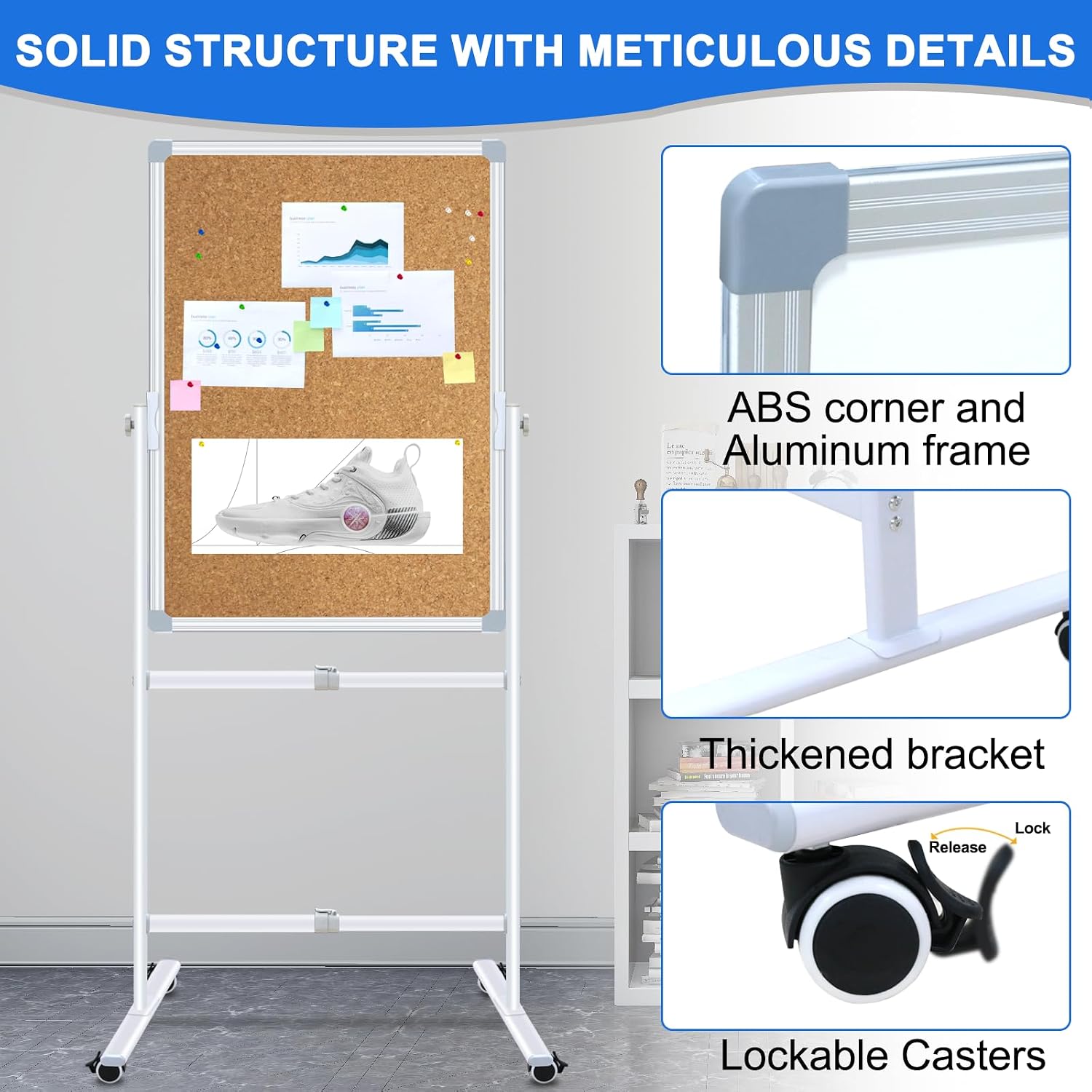 Max-officoo 30"x40" Double Sided Whiteboard & Cork Board on Wheels Adjustable Height & Angle Mobile Magnetic Dry Erase Board with Rolling Stand