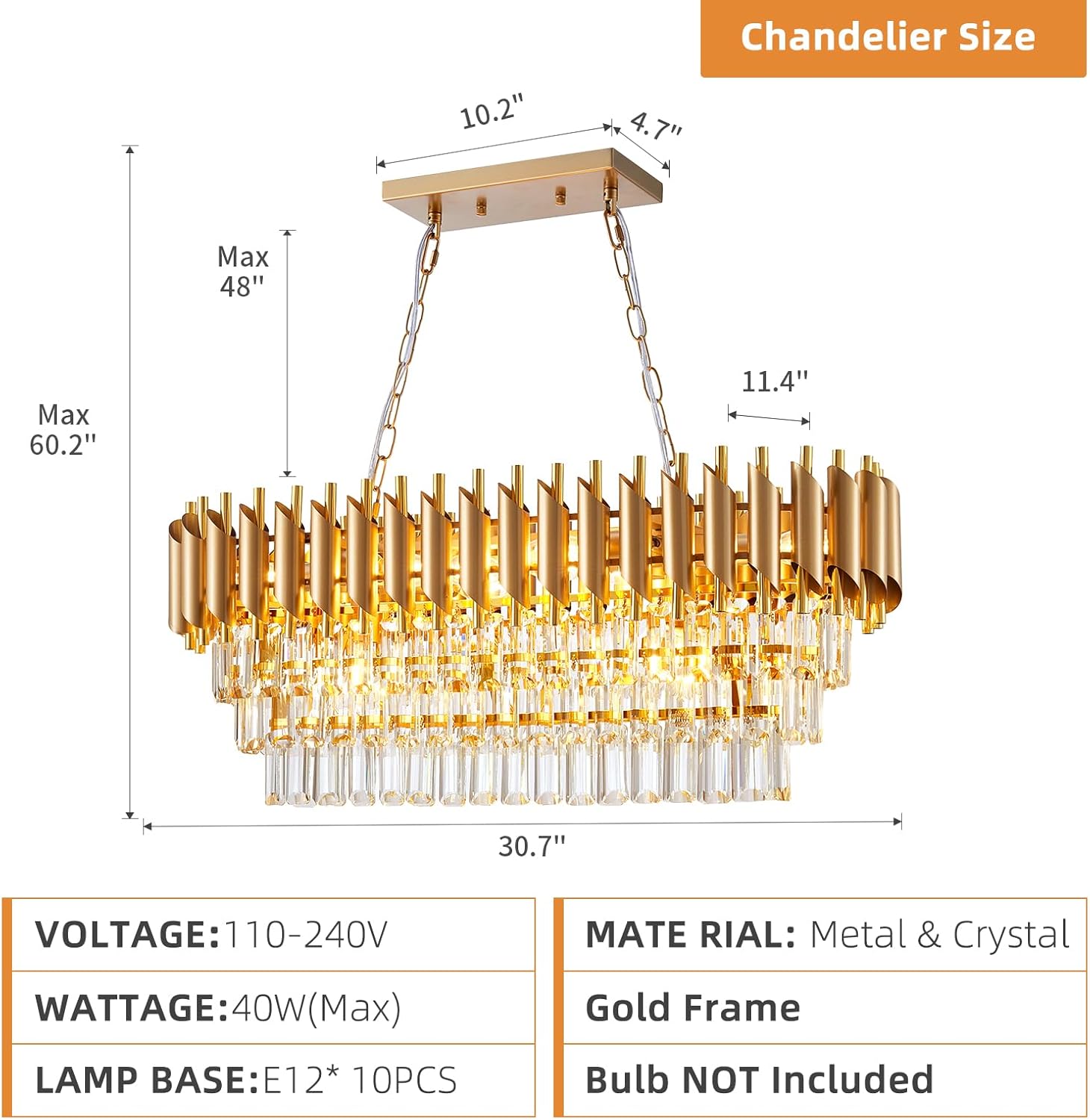 Modern Rectangular Chandelier Gold Crystal Chandeliers for Dining Room, 10-Light Pendant Light Fixture Oval Contemporary Ceiling Hanging Light for Kitchen