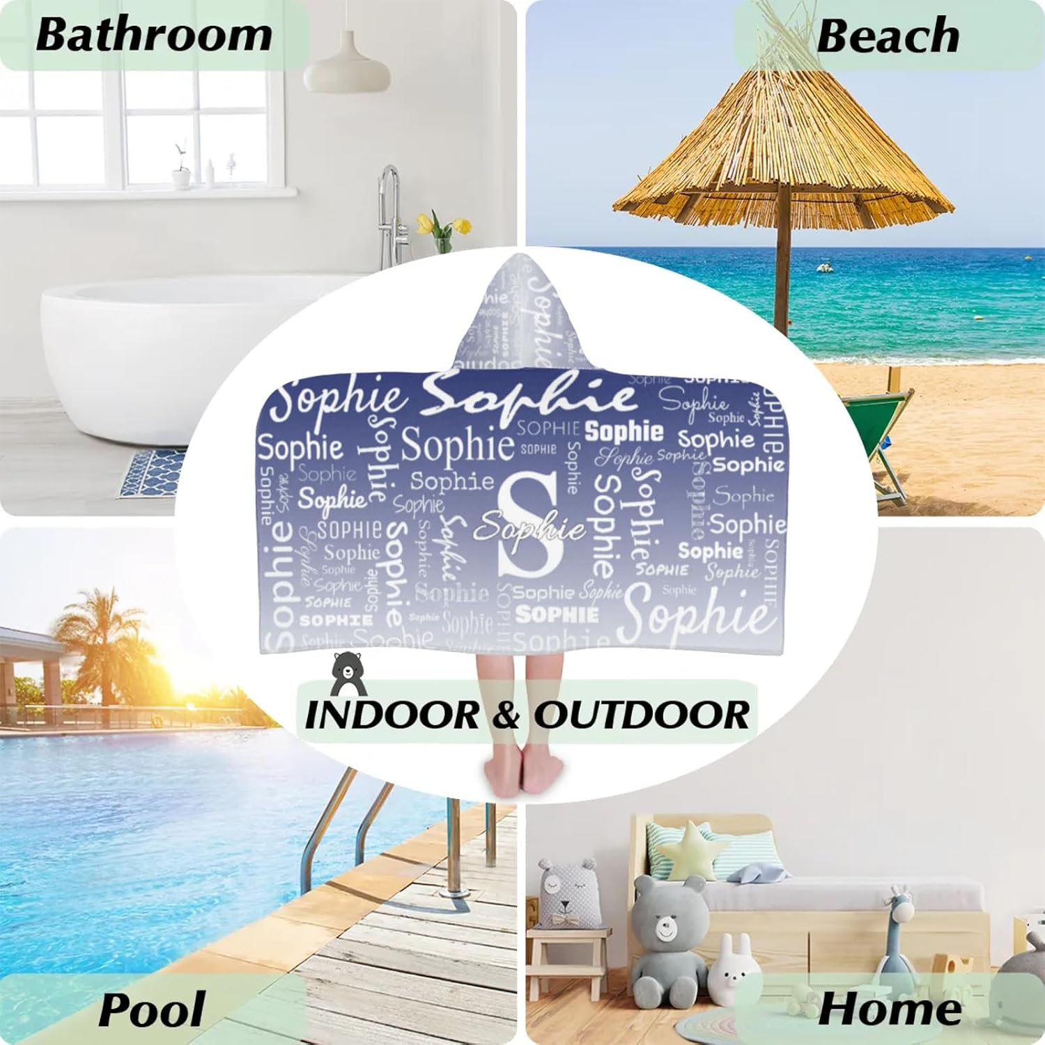 Personalized Kids Hooded Beach Towel Personalized Pool Towels with Name, Microfiber Quick Dry Custom Bath Towels with Hood, Cobalt Blue Gradient