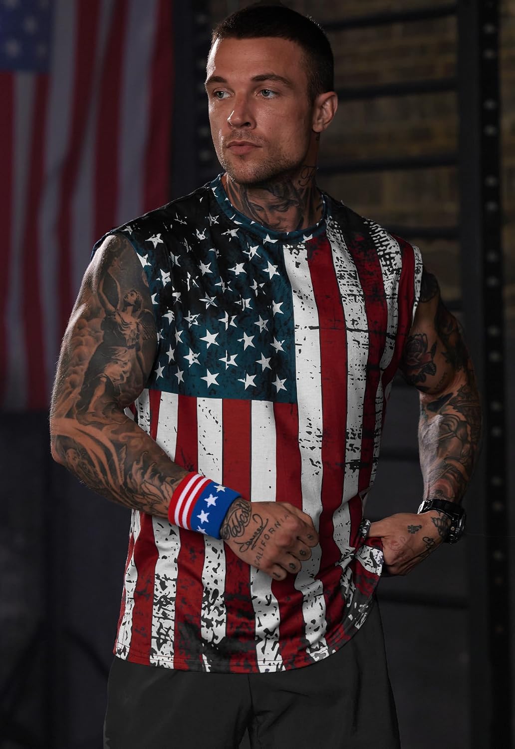 VOGSTART Mens American Flag‌ Tank Top Muscle Graphic Crewneck ‌Sleeveless Shirt (S-3XL) image 2