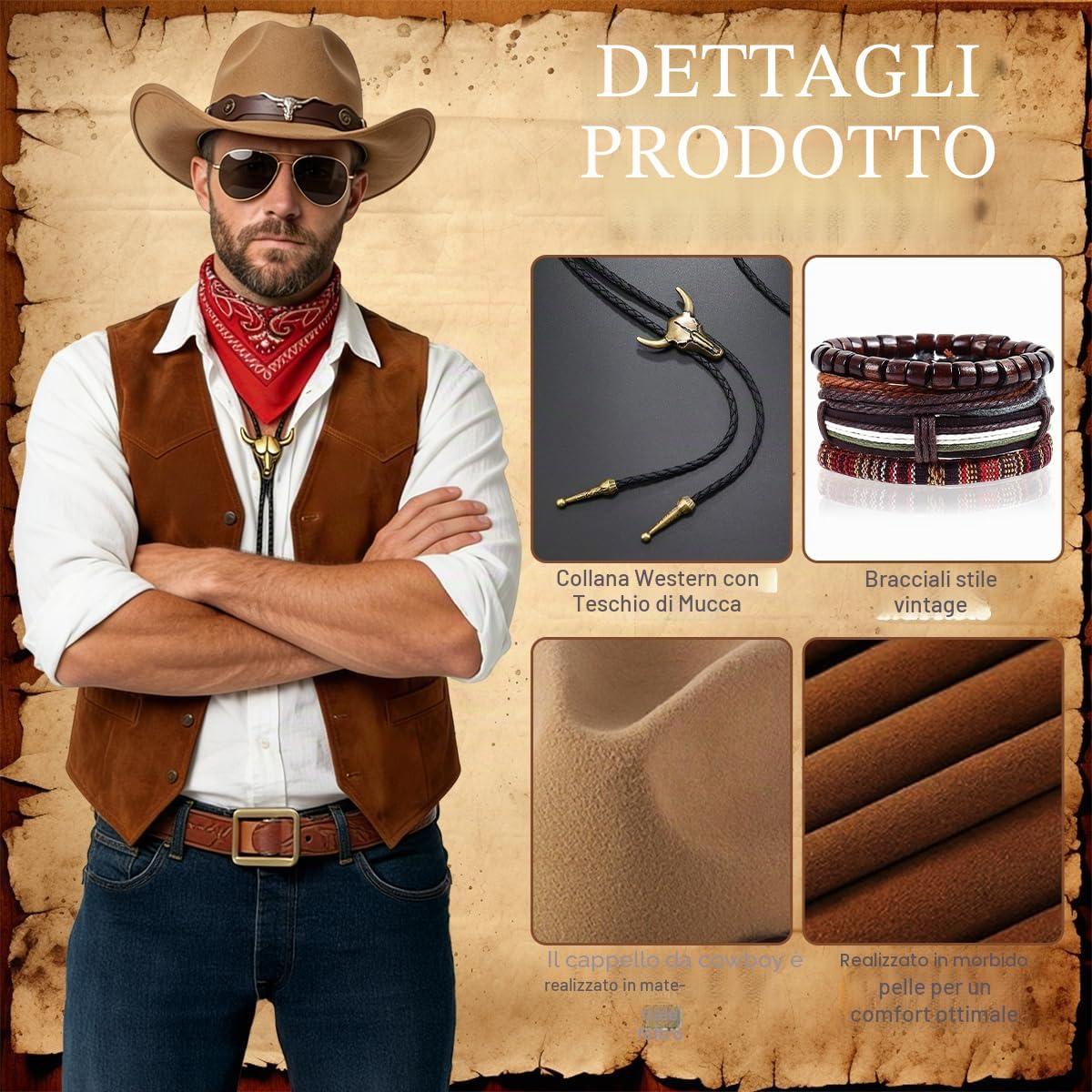 Costume Cowboy Uomo Completo con Gilet Cappello Occhiali da Sole Collana Bracciale e Bandana per Festa a Tema Western Vestito Carnevale Hippie Halloween