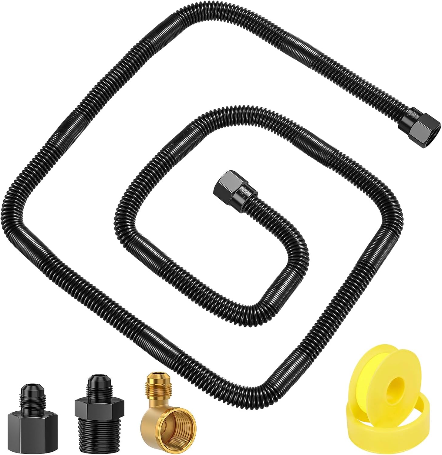 3/8" Flex Gas Line, 48” Non-Whistle Gas Connector Kit for NG/LP Fire Pit/Fireplace/Gas Log/Heater, Black Whistle Free Gas Line