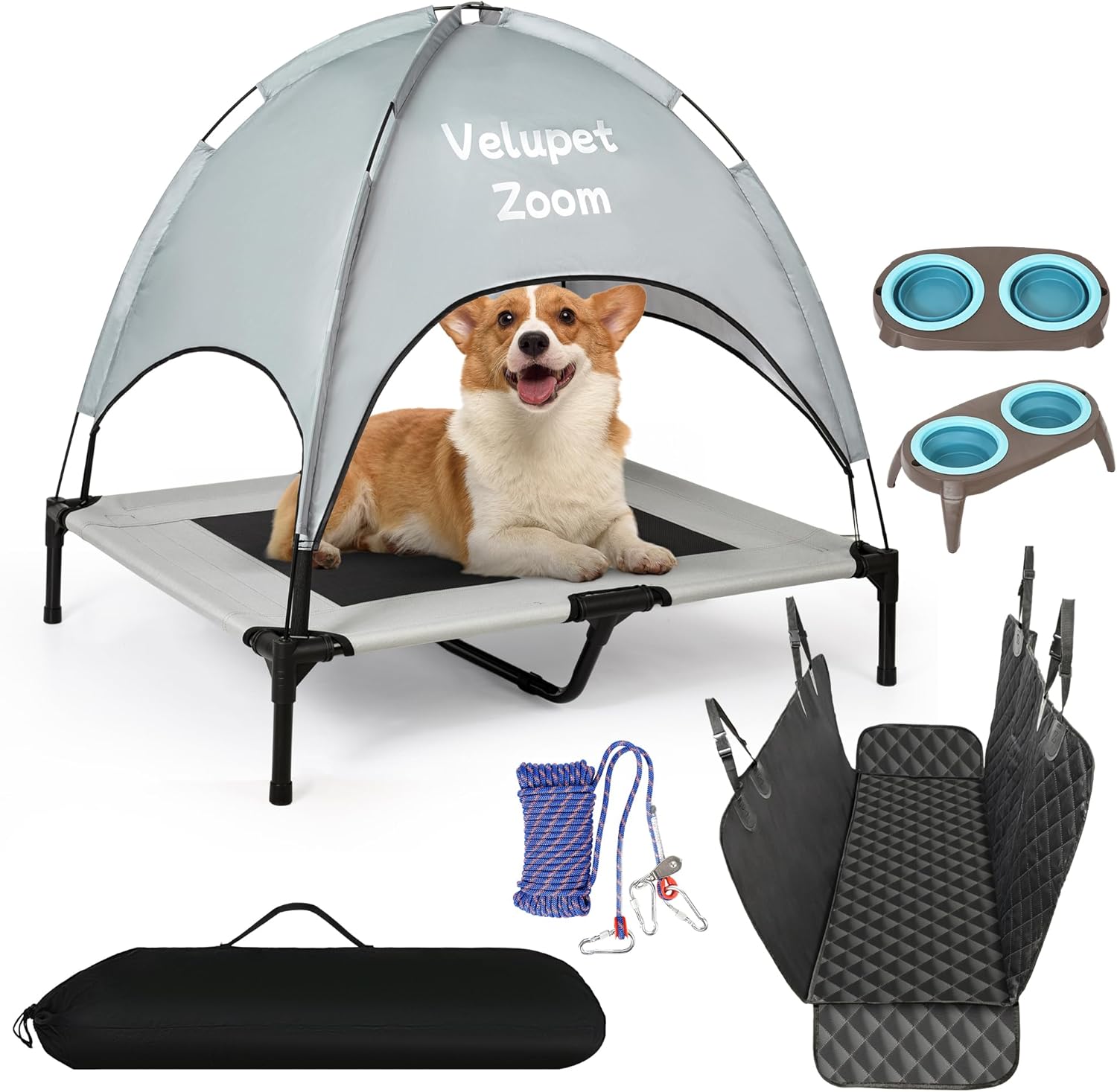 4-in-1 Pet Travel & Outdoor Set,Include 36in Elevated Outdoor Dog Bed Gray,Pet Car Seat Cover for Back Seat,Dog Tie Out Cable 50ft,Collapsible Double Pet Bowls