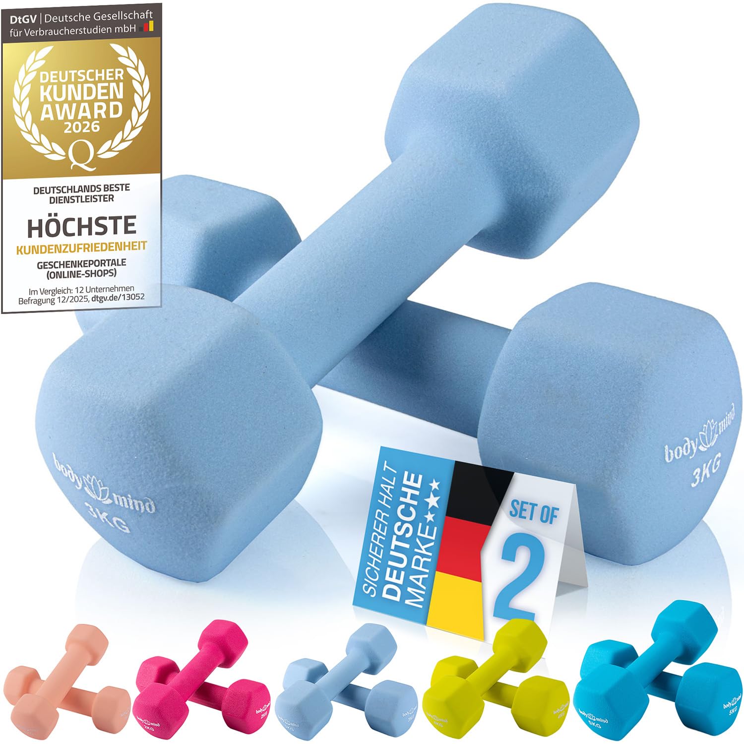 Body & Mind® Hanteln 2er Set Gymnastikhanteln Neopren Dumbbells Kurzhanteln; Effektives Krafttraining Fitness Workout für Zuhause (2 x 3kg)