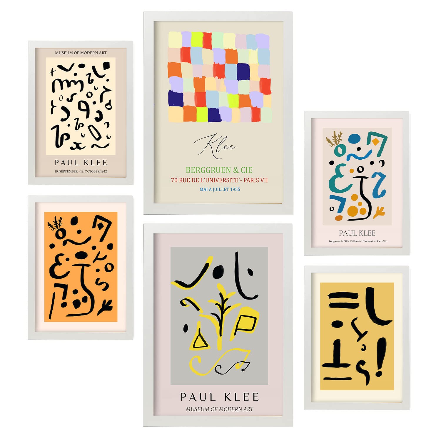 Nacnic Set of 6 posters Klee art. Collection of posters in collage aesthetic for interior decoration. Sizes A3 and A4. White frames.