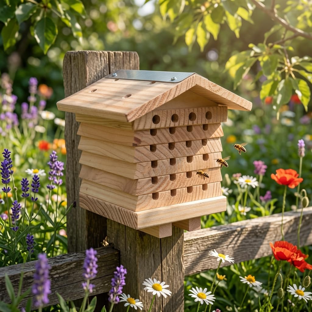 Dokkodo Bienenhotel – Nisthilfe für Wildbienen & solitäre Bienen – Insektenhotel aus nachhaltigem Holz, wetterfest, zerlegbar – für Garten, Balkon, Schule & Kita
