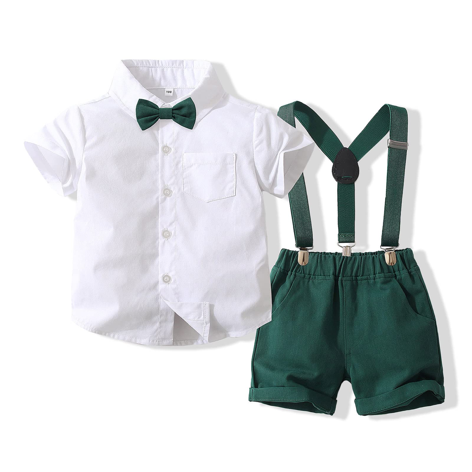 Thilsidee Little Kids Toddler Boys 2Pcs Gentleman Outfits Suits,Short Sleeve Bow Tie Shirts+Suspender Short Pants 6M-4T (#10-white+green,18-24 Months)