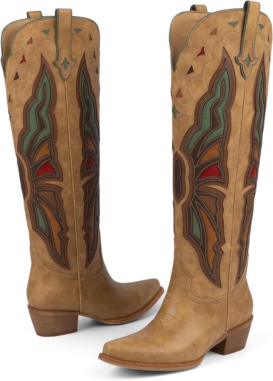 Modatope Cowboy Boots for Women Knee High Chunky Heel Butterfly Cowgirl Boots Wide Calf Pointed Toe Chunky Heel Fashion Western Boot