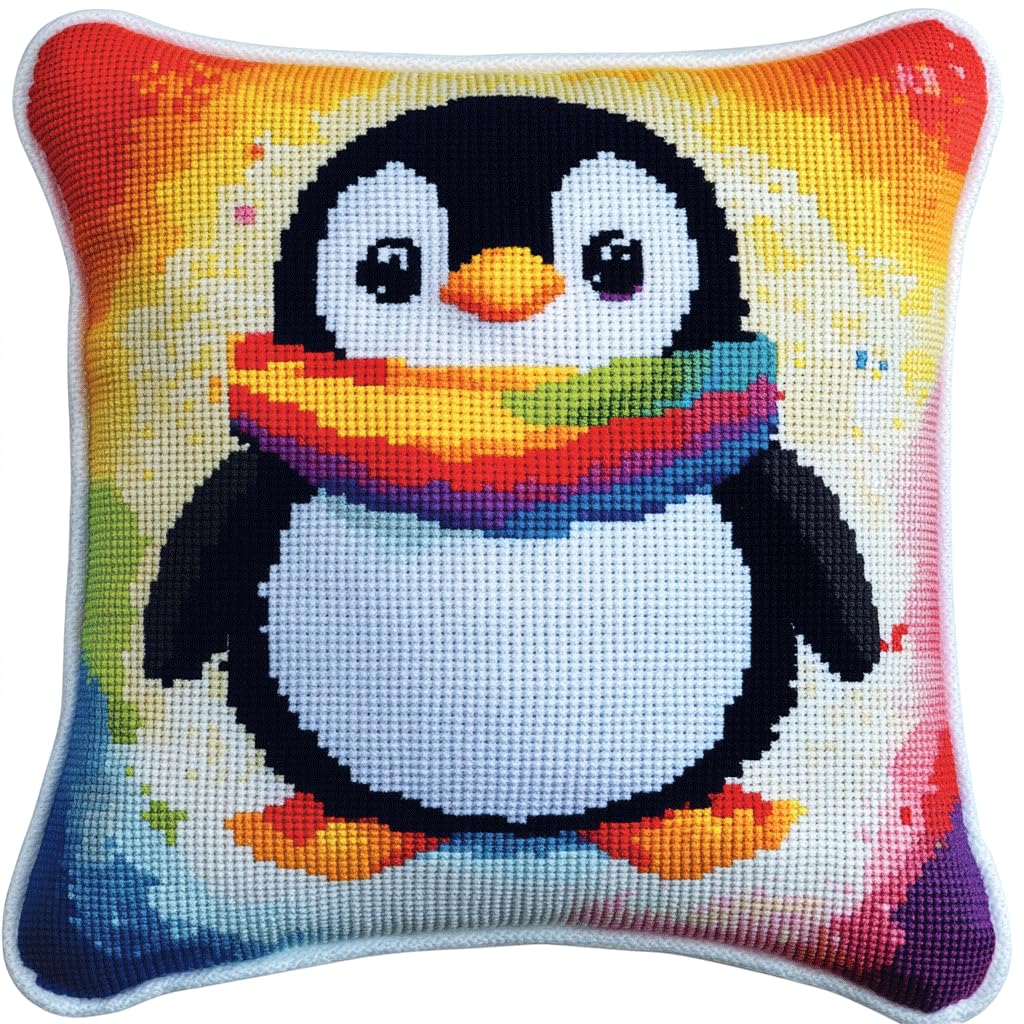 Ambattery Cross Stitch Pillow Cover Kit, Animal Penguin Cushion Embroidery Kit 45X45cm Diy Needlepoint Handmade Needlework Cushion Kits Stitched Pillow Cover