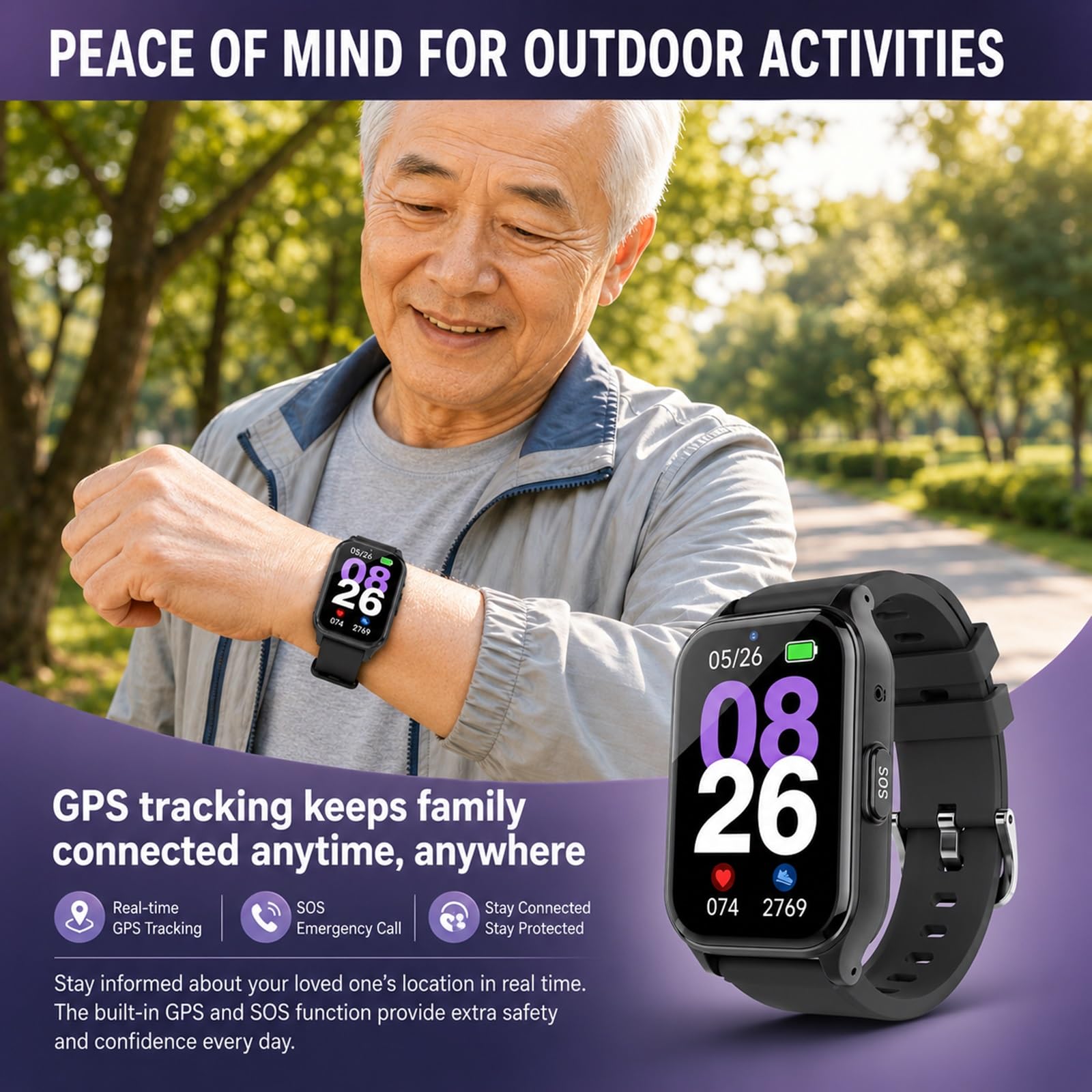 Montre Connectée GPS 4G pour Démence Seniors avec Bouton SOS et Podomètre | Appels Vidéos, Suivi Cardiaque, Alarme de Zone de Sécurité Geofence, Étanche IP67, Gestion via Application(Gold)