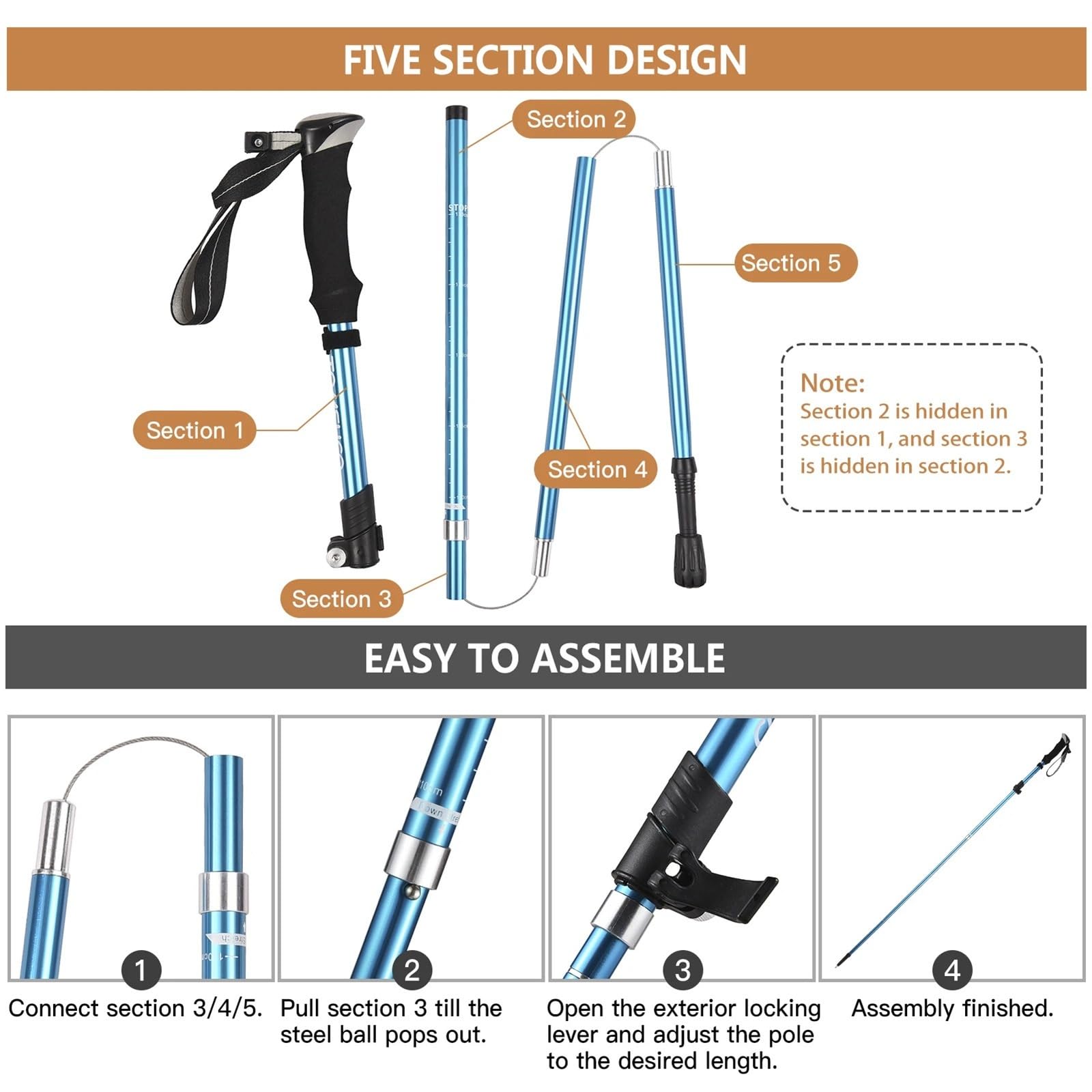 Bastones de Trekking Plegables de 5 Secciones, Ligeros y de Aluminio, Ideales for Senderismo.