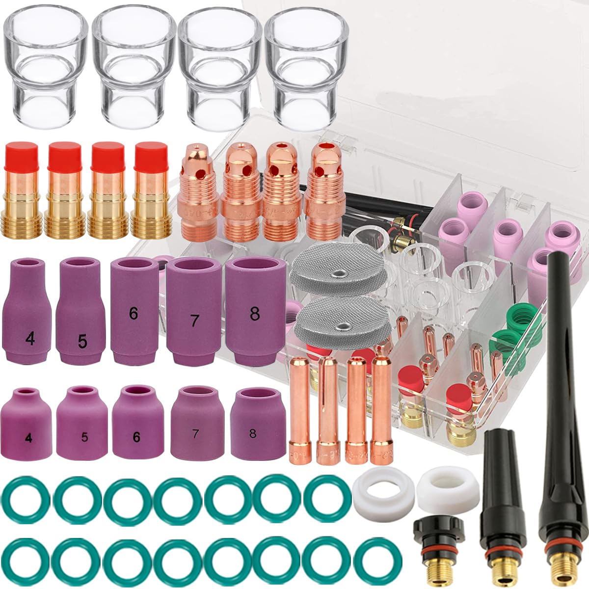 Kit De Accesorios Para Soldadura TIG – Boquilla De Vidrio Y Pinzas 1.6mm 2.4mm – Compatible Con WP 17 18 26 (8 Piezas)