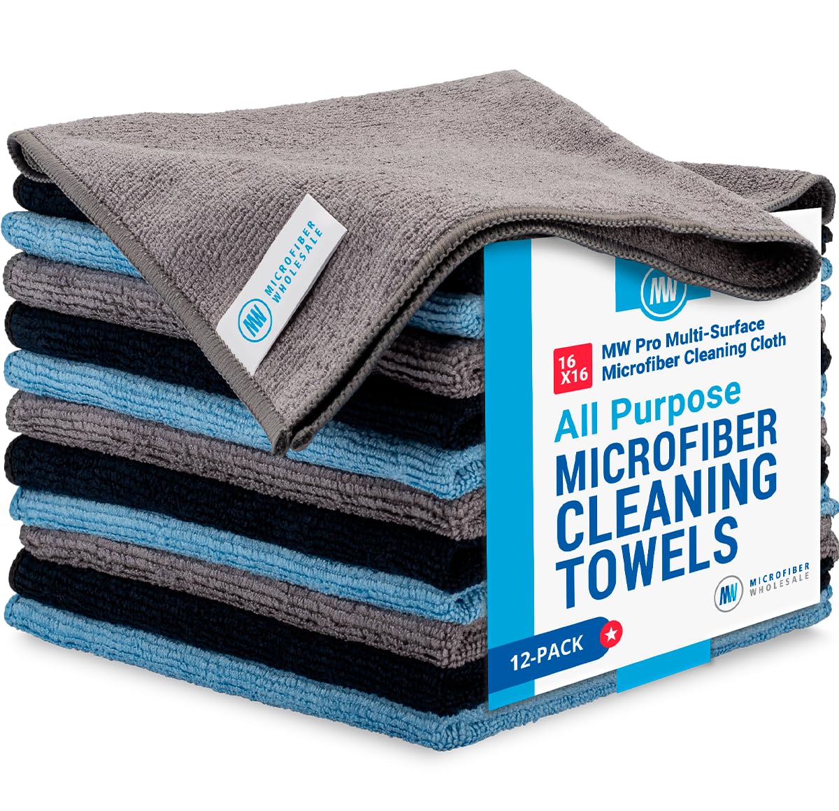 MW Pro Microfiber Cleaning Cloth | Black Gray Blue | 12 Pack | 16” x 16” | All Purpose Microfiber Towels - Clean, Dust, Polish, Scrub, Absorbent