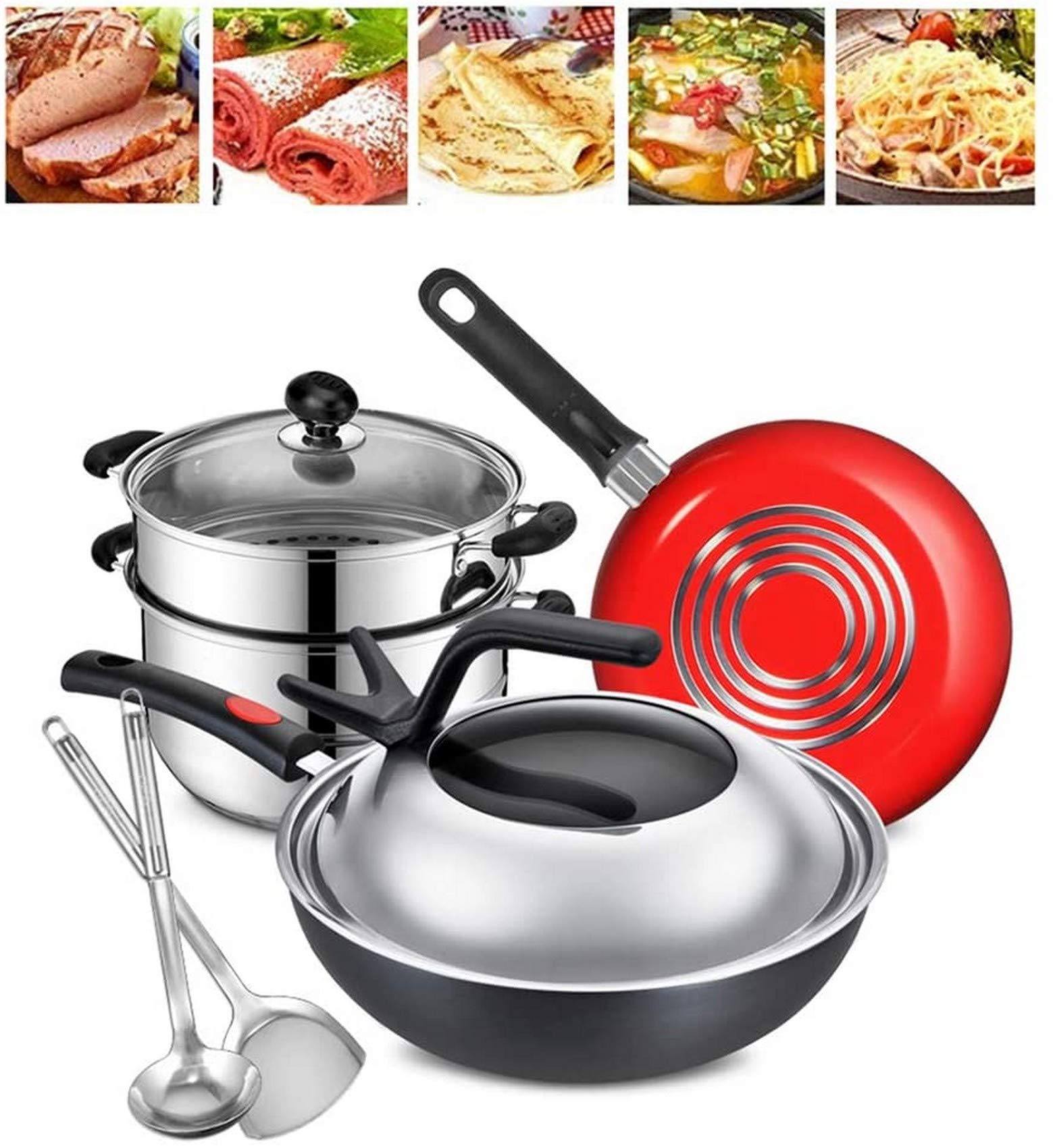 YZ-YUAN Home Cookware Pots and Pans Set, Stainless Steel 8-Piece Cookware Set with Saute Pan Frying Pan and Steamer, PTFE/PFOA/PFOS Free