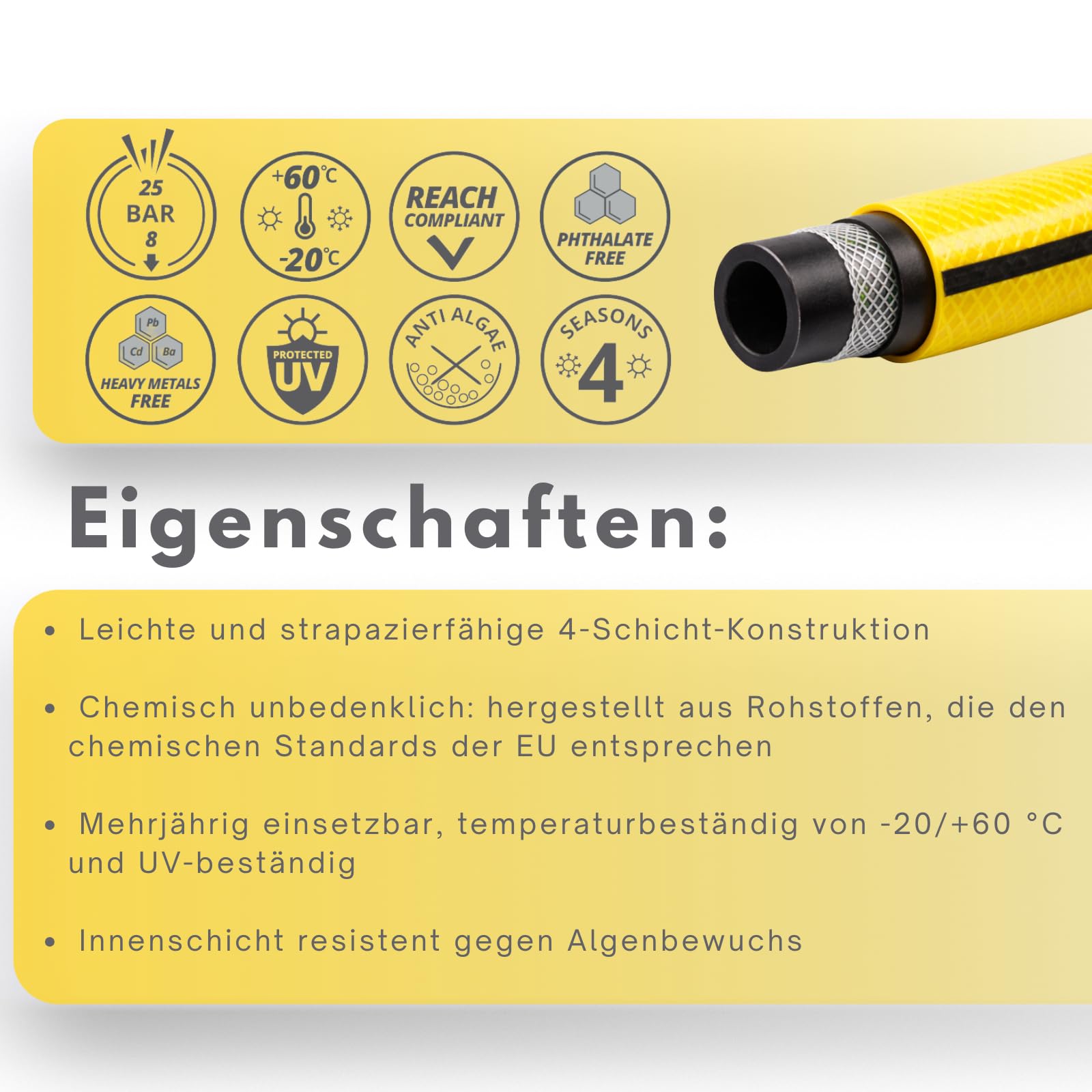 Wasserschlauch 1/2 3/4 1 Zoll – 20m 30m 50m Länge – Gartenschlauch 4-lagig UV-beständig druckfest knickstabil (Gelb, 1 50m ohne Adpater)