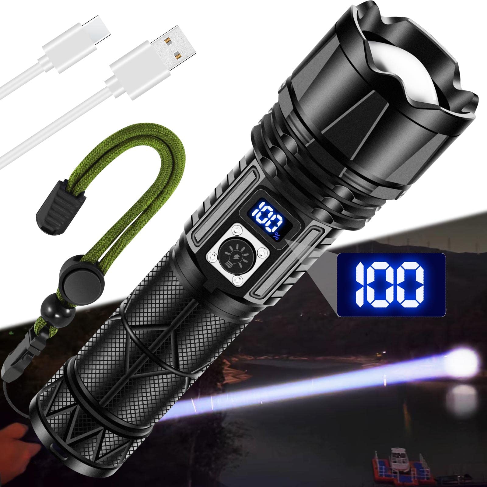 Torcia LED Tattica JAY-PARK 10000 Lumen, Ricaricabile 5000 MAh, 9 Modalità, Base Magnetica, Impermeabile IPX7, Per Campeggio E Pesca