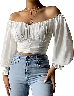 Womens Elegant Off The Shoulder Puff Sleeve Blouse Summer Chiffon Slim Fit Party Crop Top