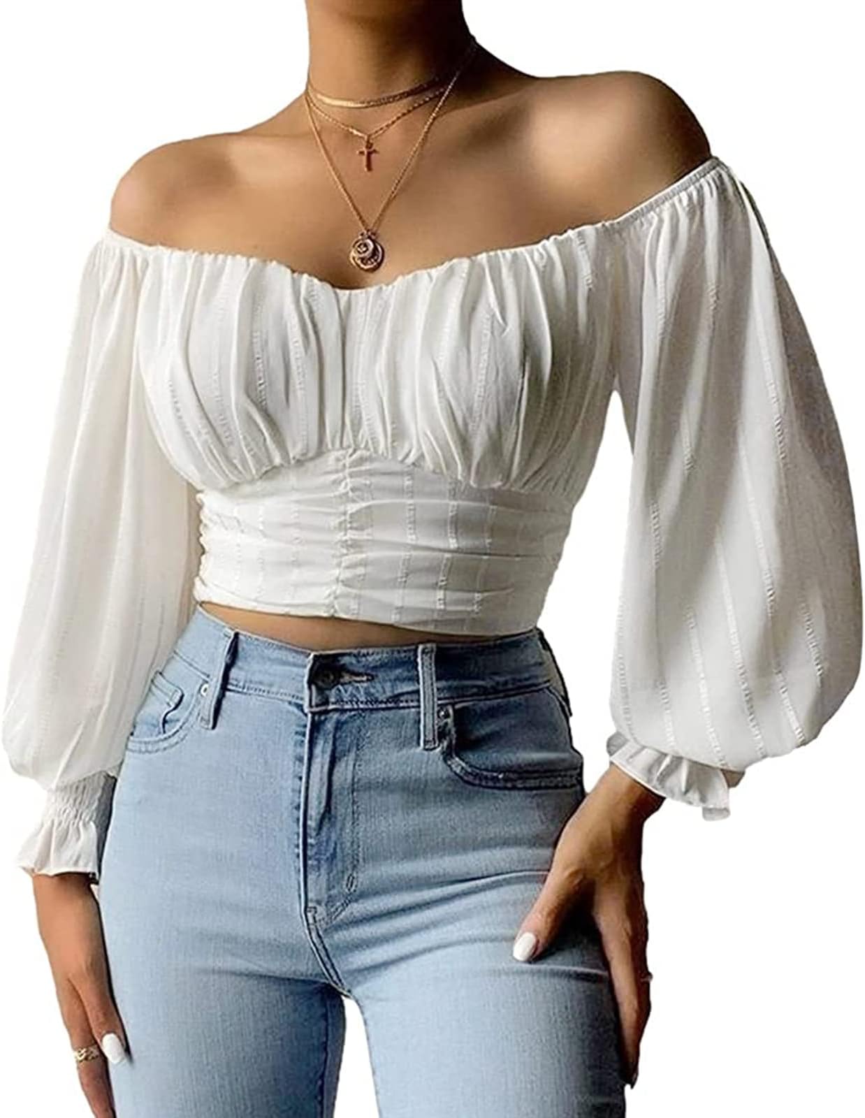 Womens Elegant Off The Shoulder Puff Sleeve Blouse Summer Chiffon Slim Fit Party Crop Top