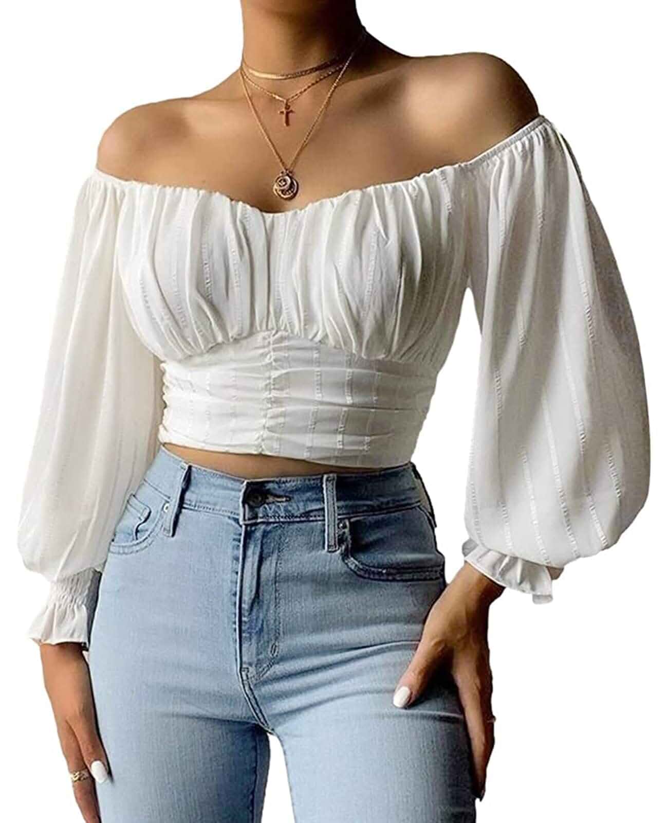 MIRACMODA Womens Off The Shoulder Puff Sleeve Blouse Chiffon Slim Crop Tops Elegant Party Top, Lightweight Chiffon Fabric, Summer Night And Wedding, Date, Crop Silhouette