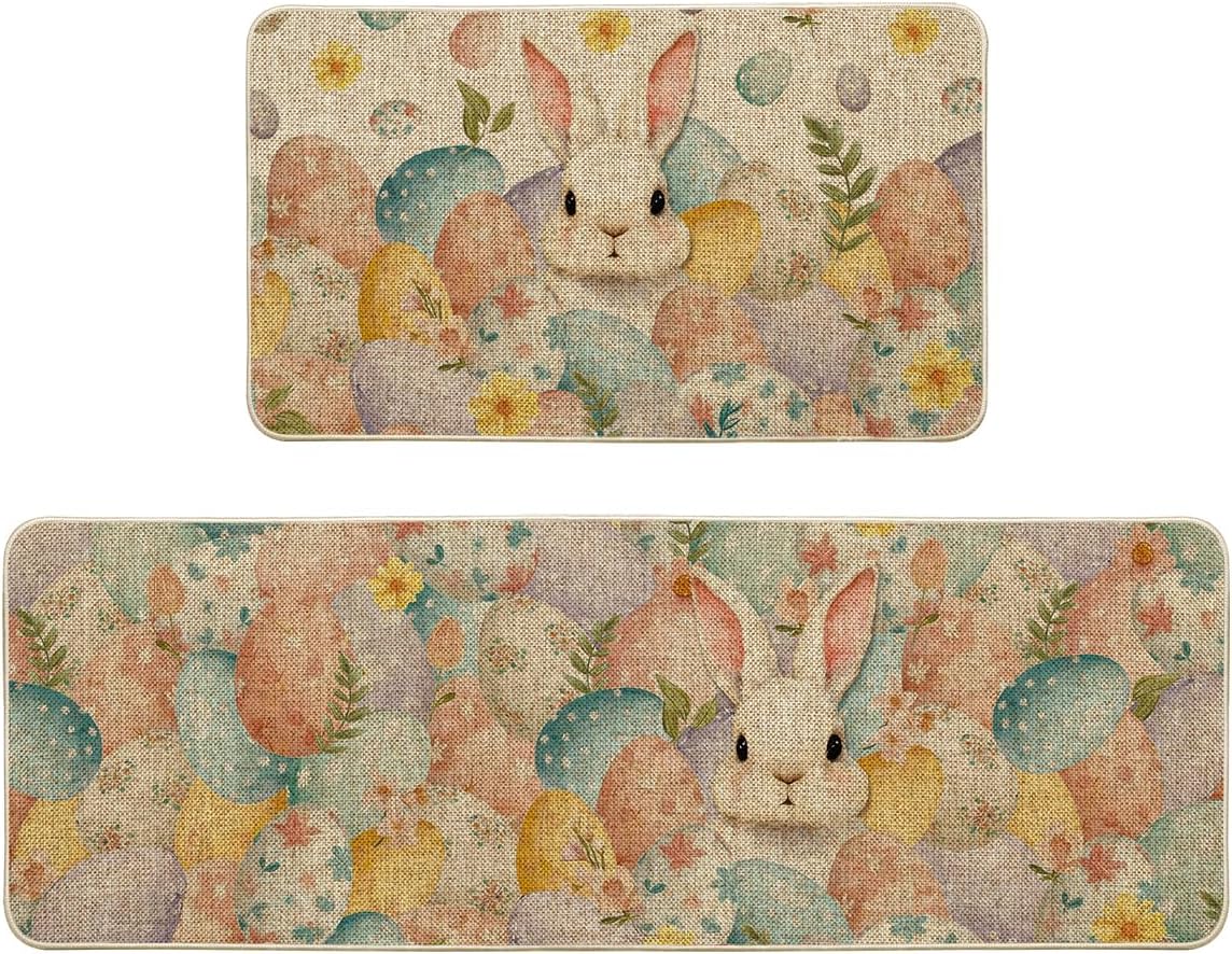 Artoid Mode Eggs Bunny Easter Kitchen Mats Set of 2, Home Seasonal Spring Easter Holiday Holiday Party Floor Mat - 17x29 and 17x47 Inch