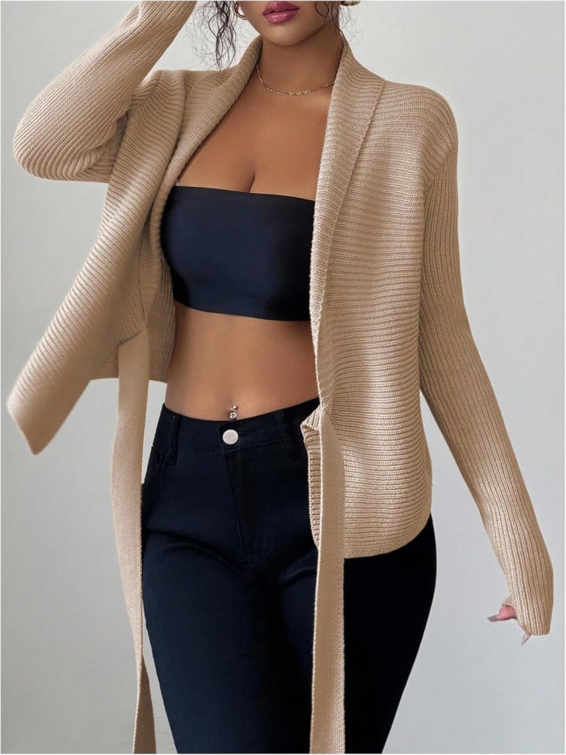 MakeMeChic Women's Business Winter Elegant Cardigan Wrap Tie Side Collared Long Sleeve Sweater - Image 6