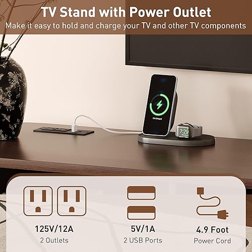 Miniatura 4 de Soporte de TV para TV de 80 pulgadas, centro de entretenimiento moderno de mediados de siglo con cajones de almacenamiento, puertas de tambor y toma