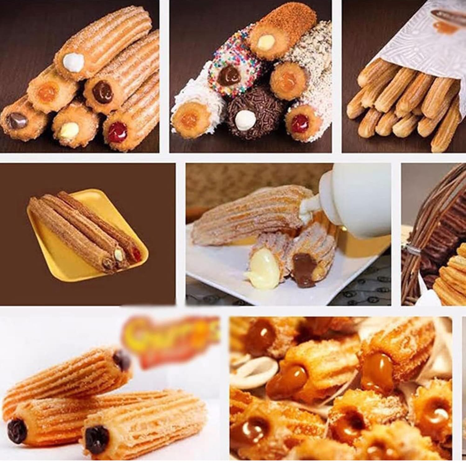 Qiang Machine Fabrication Churros Manuelle Professionnelle Machine Remplissage Churros Machine Fruits Latine en Acier Inoxydable avec 4 Buses,pour Faire Différentes Formes Bâtonnets Pâte Frits,10L
