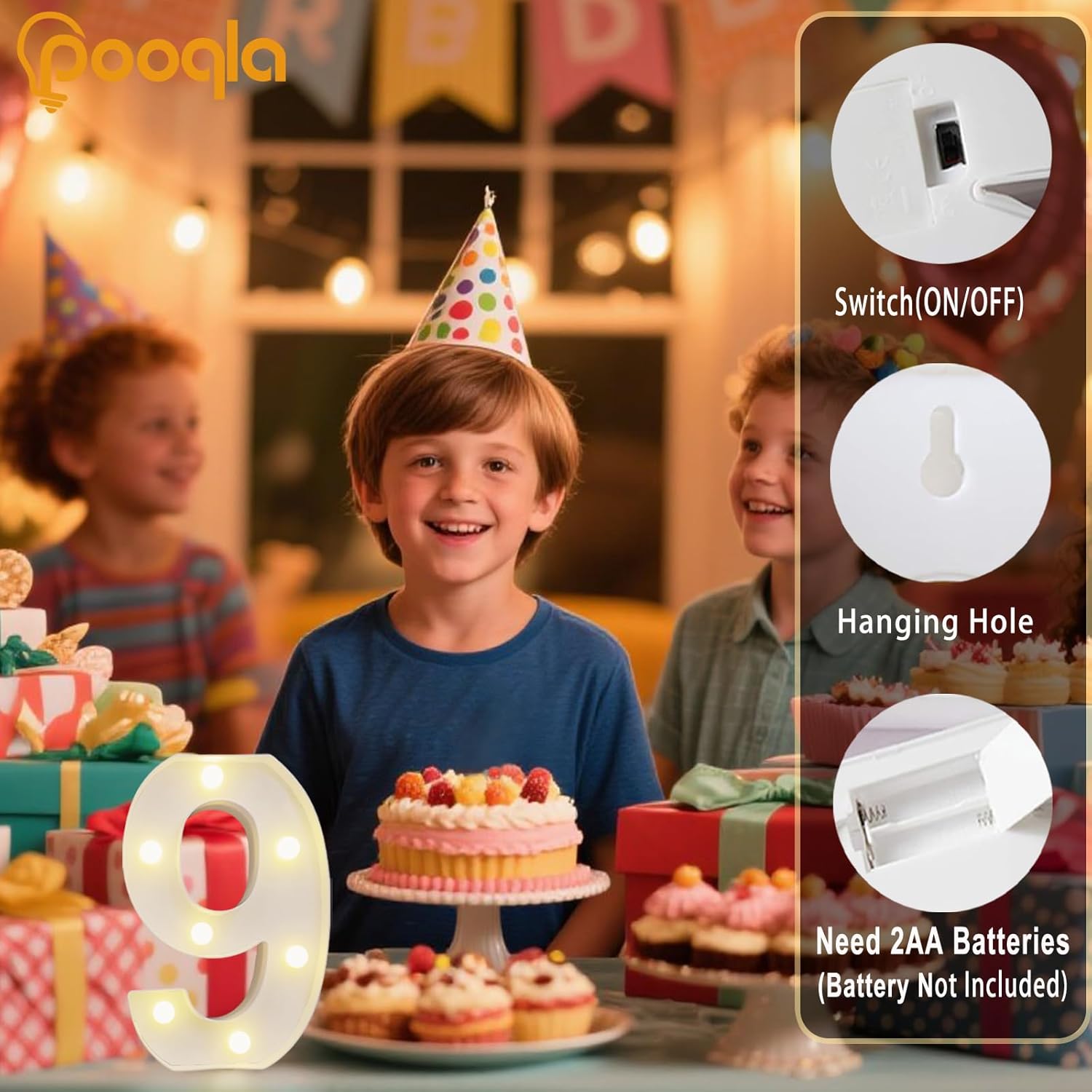 Pooqla Decorative Led Light Up Number Letters, White Plastic Marquee Number Lights Sign Party Wedding Decor Battery Operated Number (9) White Number 9