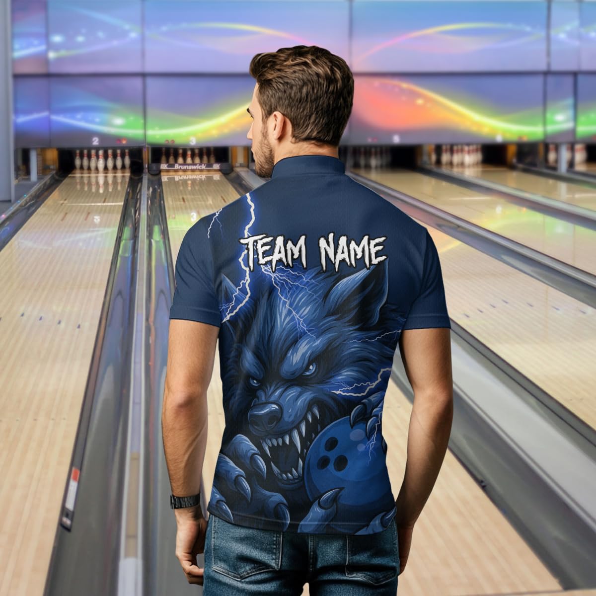 Wolf Bowling Shirts for Team Women Men Custom Bowling Jerseys Blue Wolf Bowling Polo and Bowl Quarter Zip Shirt League