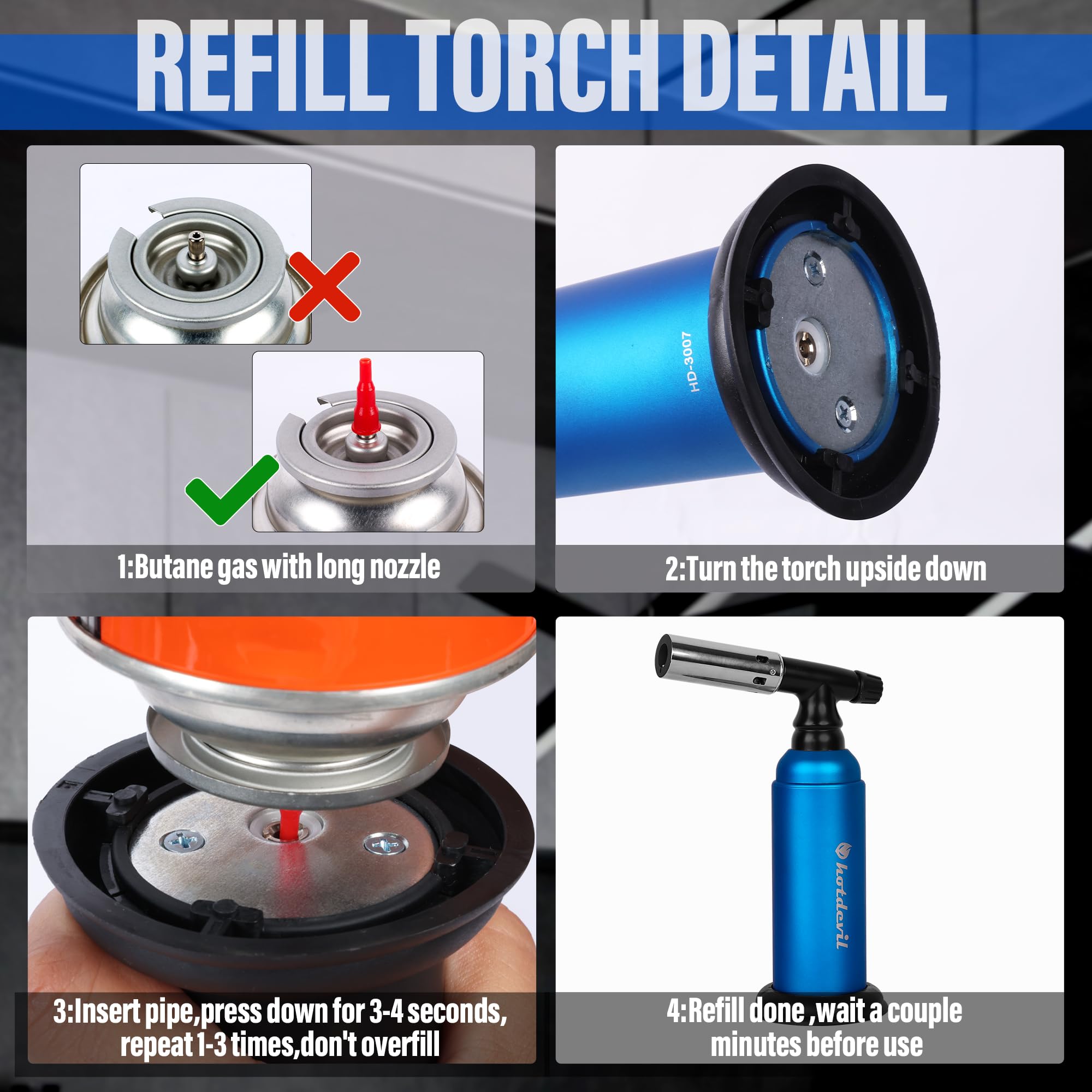 Hotdevil Antorcha de butano grande de 20 g, recargable, industrial, ajustable, llama única, soplete de cocina, encendedor con bloqueo de seguridad para soldar, hornear, soldar, manualidades (gas