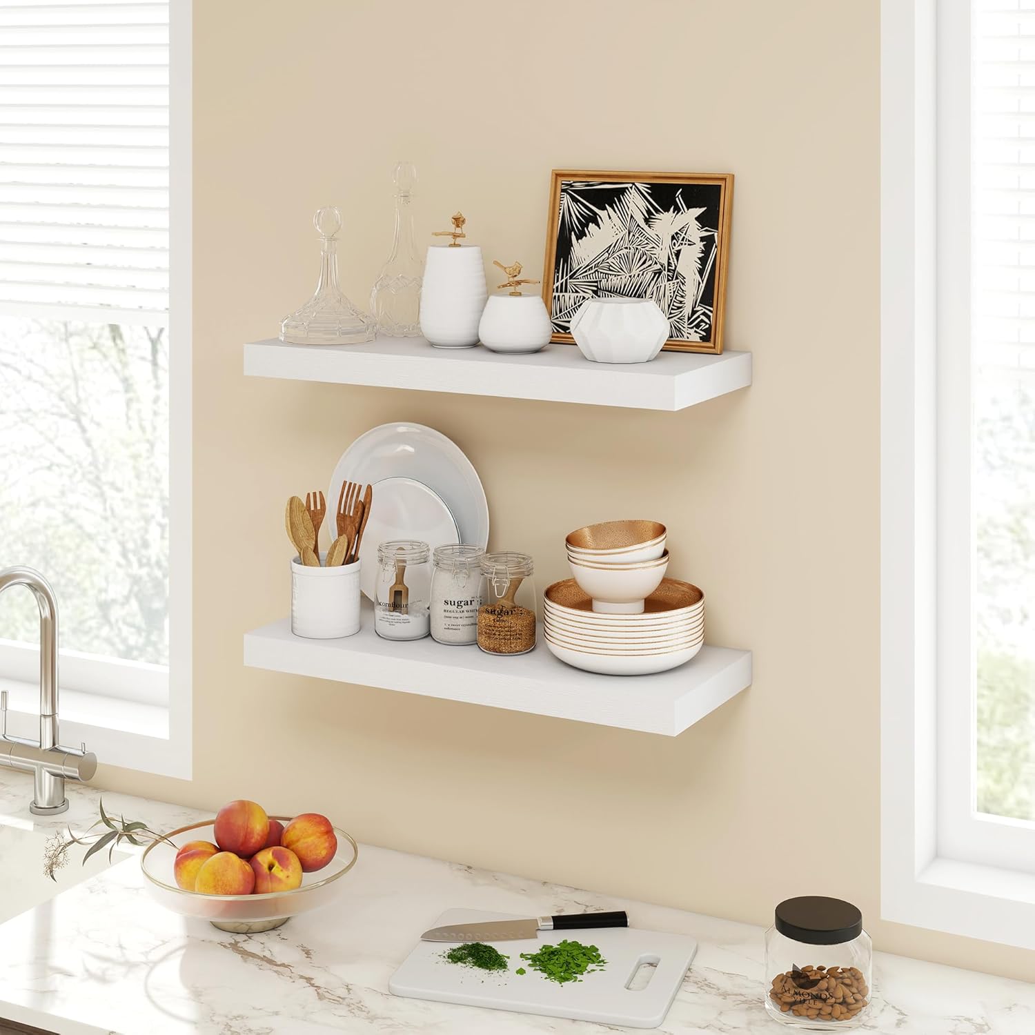 acovy 24 inch floating shelves, 9.3" deep floating shelf wall mounted, 24" wall shelves, rustic deep bookshelf, large display shelves & storage shelves for bedroom, living room, white, set of 2 white 9.3"wx24"l-2pcs