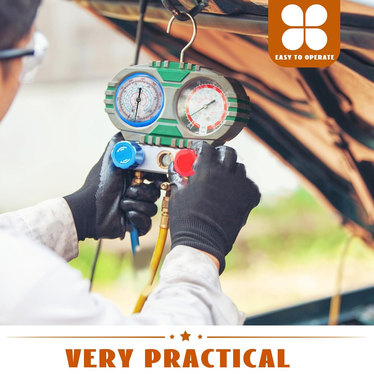 Refrigerant Adding Gauge for Air Conditioner with High Accuracy and Easy to Operate Features, Copper and Abs Material Mechanical Manifold Pressure Gauge for Ac Repair and Recharge