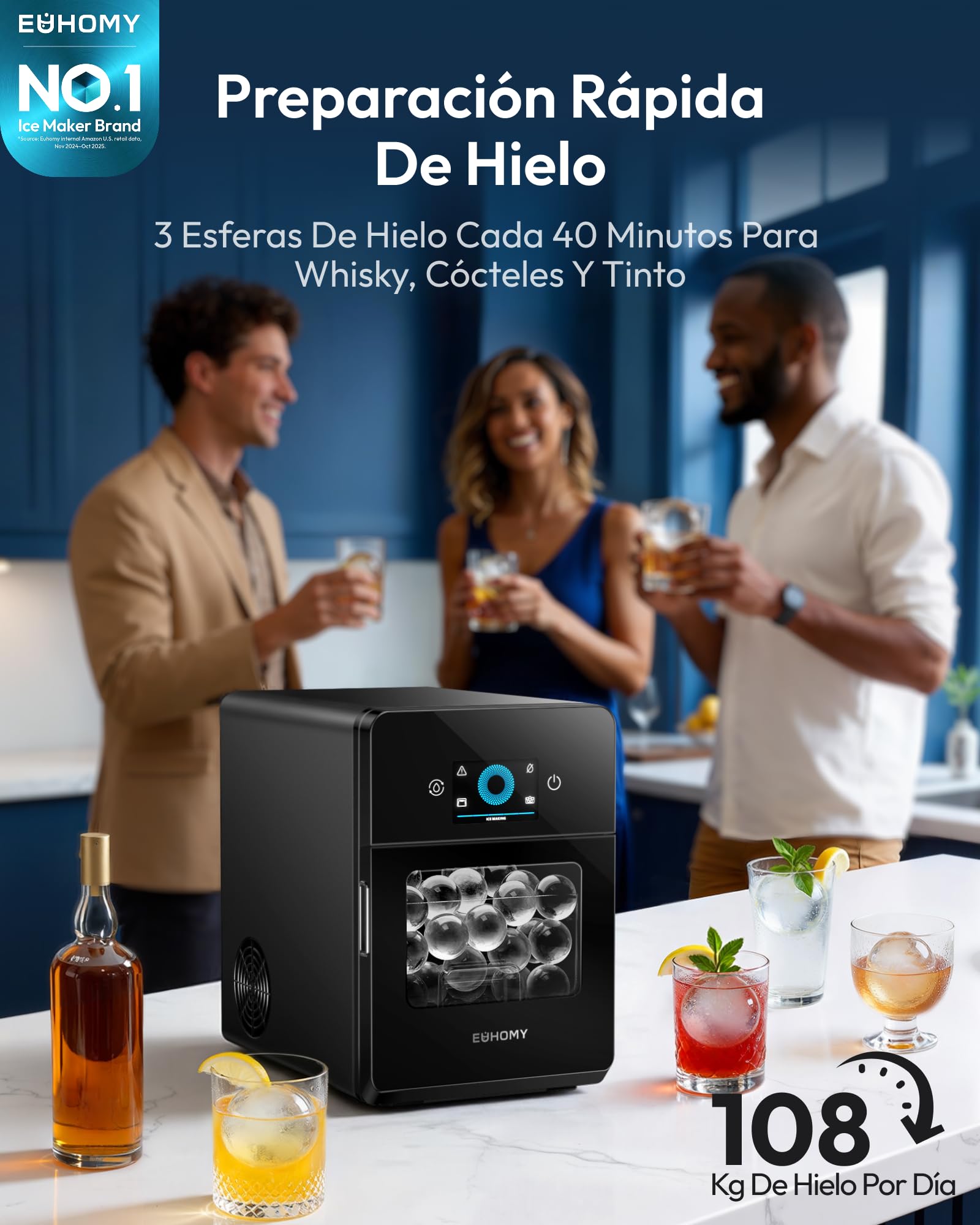 EUHOMY Máquina de Hielo Esférico Autolimpiante, Fabricador de Hielo en Bolas Grandes, 108 Hielos/Día, Ice Maker para Cócteles y Bebidas Premium Negra