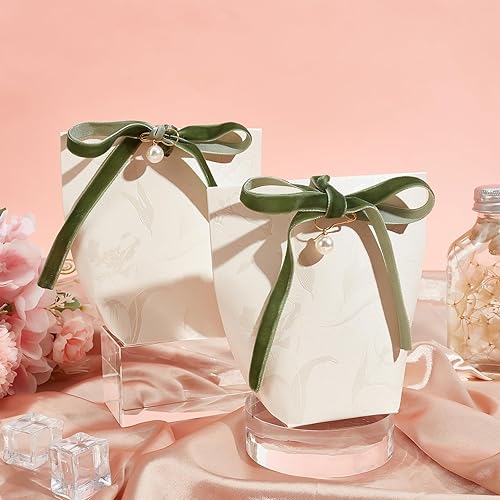 PLIGREAT 10 cajas de regalo de cinta de perlas con cinta verde, caja de regalo de papel perlado de moda, bolsas de regalo de dulces para bodas,