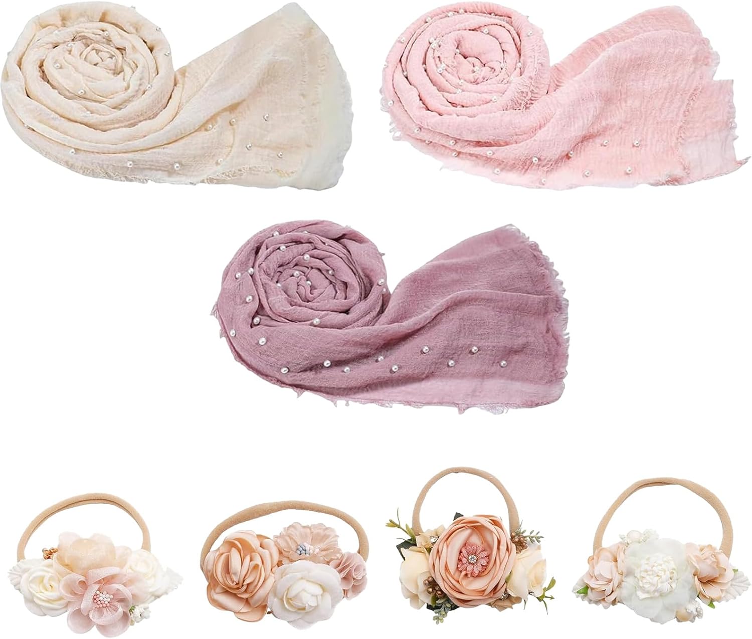 7 Pcs Newborn Photography Props Wrap Kits 3 Pcs Soft Cotton-Linen Baby Wraps 4 Pcs Flower Pearl Headbands Baby Photoshoot Supplies for Boy Girl Infant Toddler
