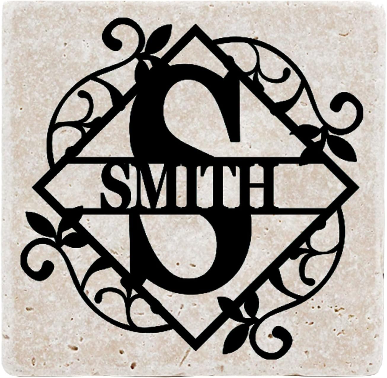 Personalized Initial and Last Name Stone Coasters, Customized Stone Coasters for Home & Drink, Custom Gifts, Wedding Gifts (Light Grey, 6)