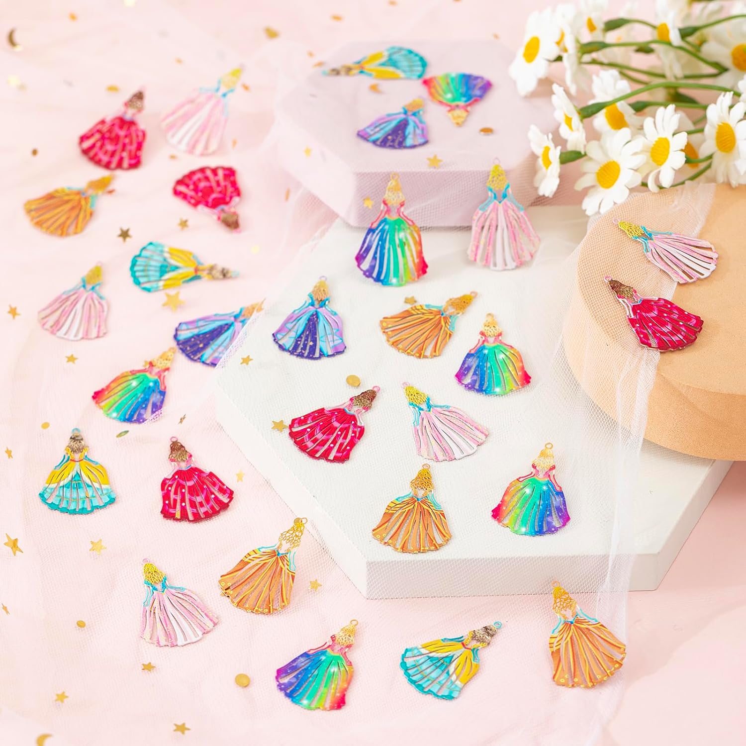 48pcs Hollow Princess Dress Charms Multicolor Princess Pendants Colorful Jewelry Making Accessories for Earrings Bookmarks Packaging Décor Hanging Décor - Image 5