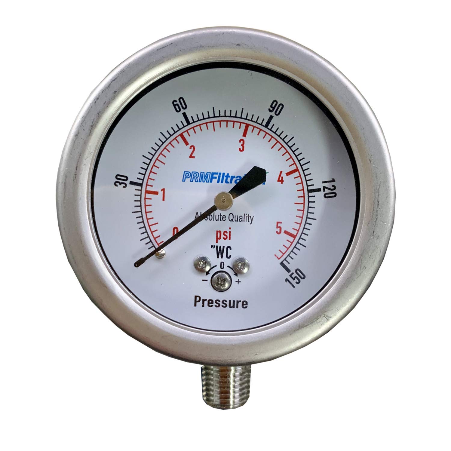 PRM 304 Stainless Steel Pressure Gauge, 0-150" WC / 0-5 PSI, 2-1/2 Inch Dial, Dry Gauge, 1/4 Inch NPT Bottom Mount, Stainless Steel Internals, ±1.5% Accuracy