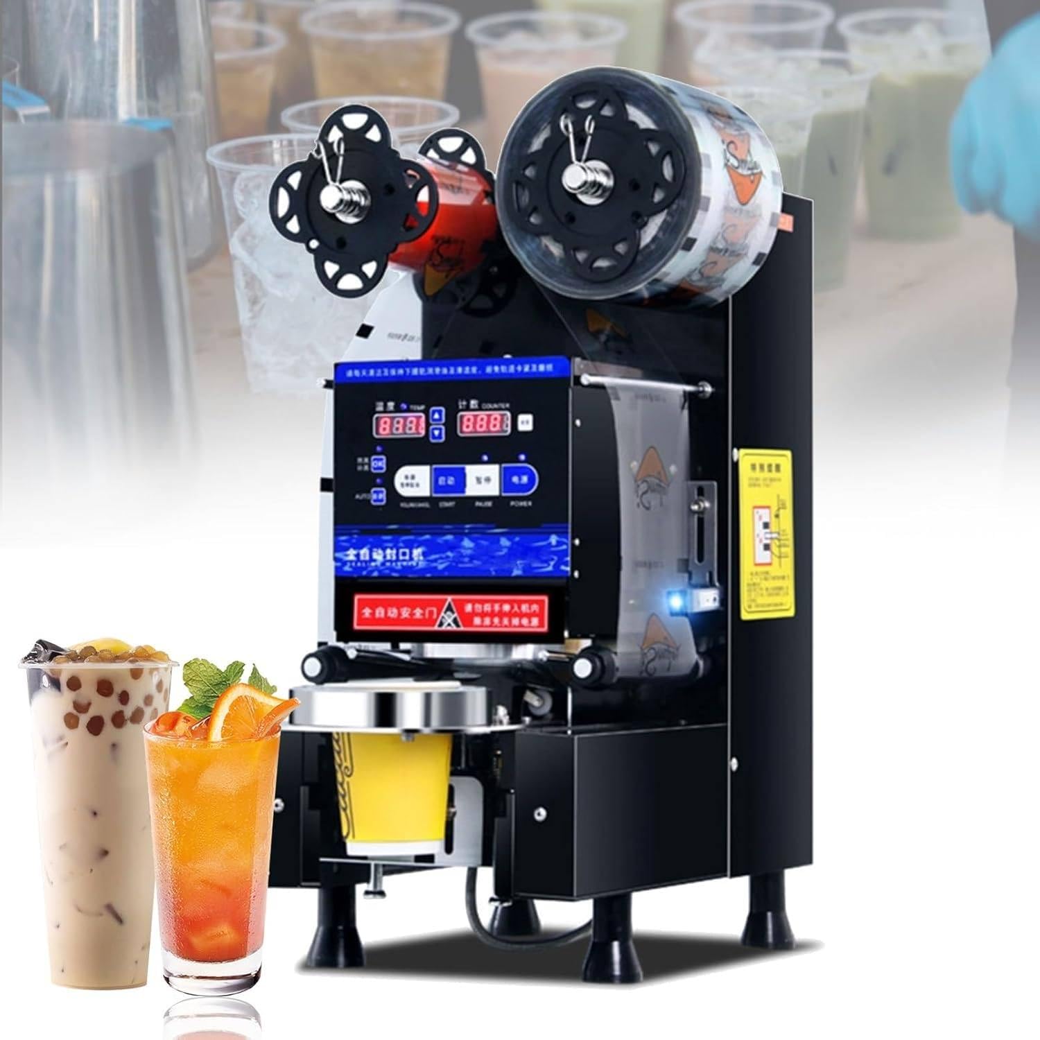 YXYLJOZ Automatic Cup Sealing Machine 90/95mm, High-Speed Digital Control Cup Sealer for Bubbles Tea and Coffee - 540-760 Cups per Hour, LCD Panel (Black)