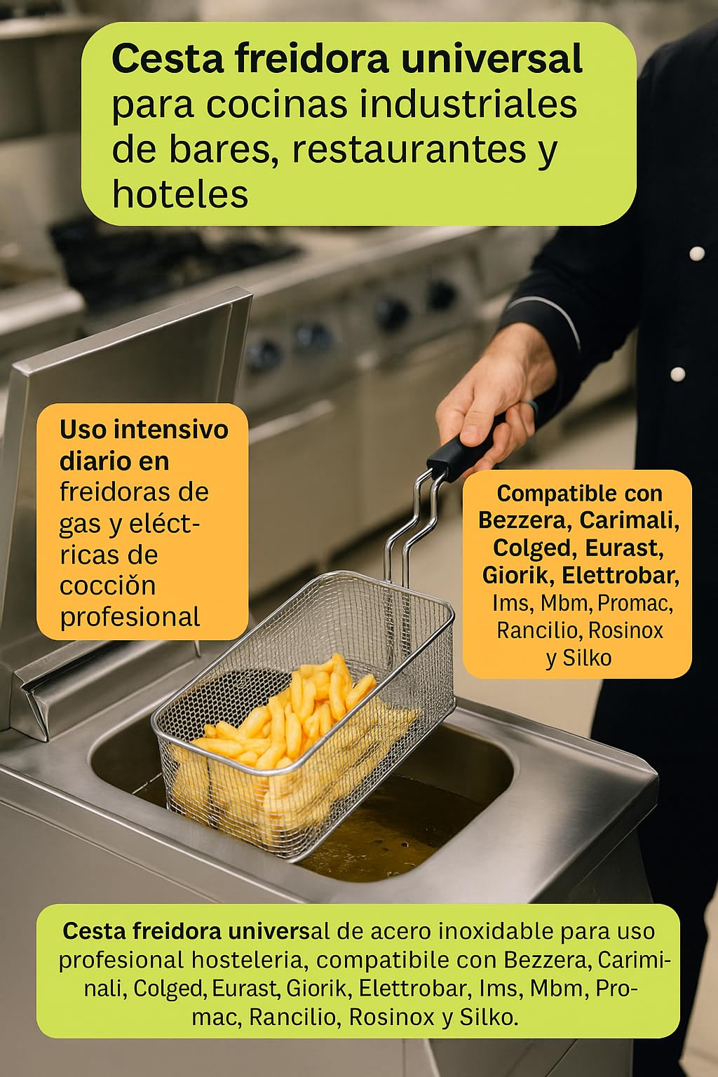 CubetasGastronorm ® Cesta Freidora 160x290x120mm Acero Inoxidable Universal compatible con Bezzera Carimali Colged Eurast Giorik Elettrobar Ims Mbm Promac Rancilio Rosinox Silko Uso Profesional
