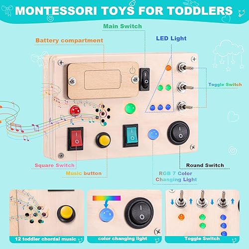 Miniatura 3 de Tablero de actividades Montessori para niños pequeños, interruptor de luz LED, tablero ocupado, juguetes sensoriales para niños pequeños ocupados,