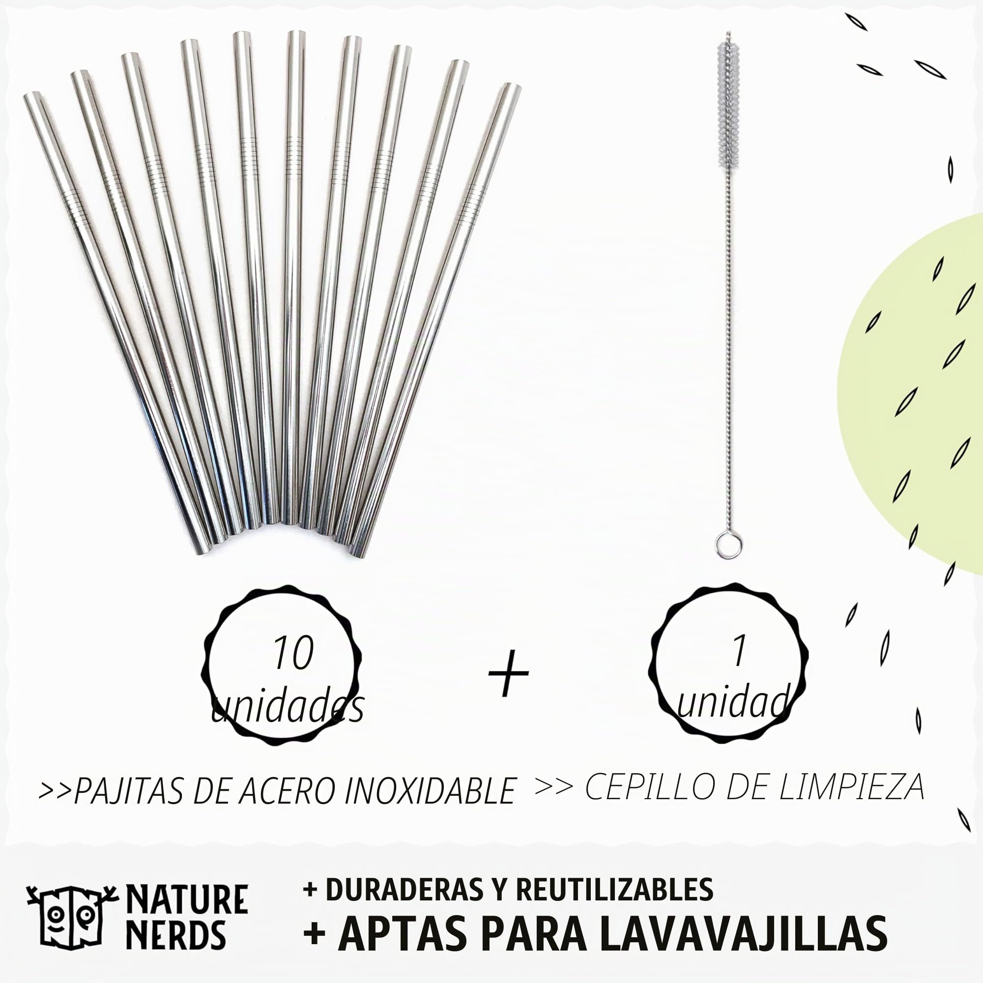Nature Nerds - pajillas para beber reutilizables de acero inoxidable (10 piezas + cepillo de limpieza) popotes, tubos para beber - empaquetado sin plástico - (recto)