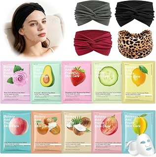 10 Fruit Facial Mask Set with 4 Twist Headbands for Home Skincare Self‑Care | Sheet masks deliver hydration, soothe and brighten dull skin, stretchy wide headbands keep hair secured during skincare