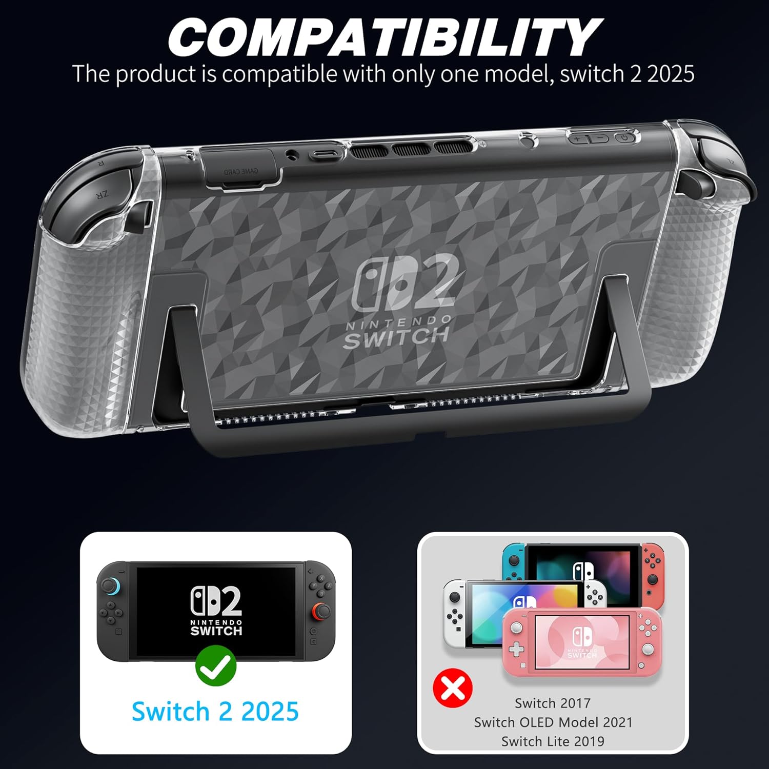 GLDRAM Crystal Diamond Pattern Case for Nintendo Switch 2 (2025), Durable Hard Shell Clear PC Protective Cover Skin with Detachable TPU Grip Case for Switch 2 Accessories - Image 5