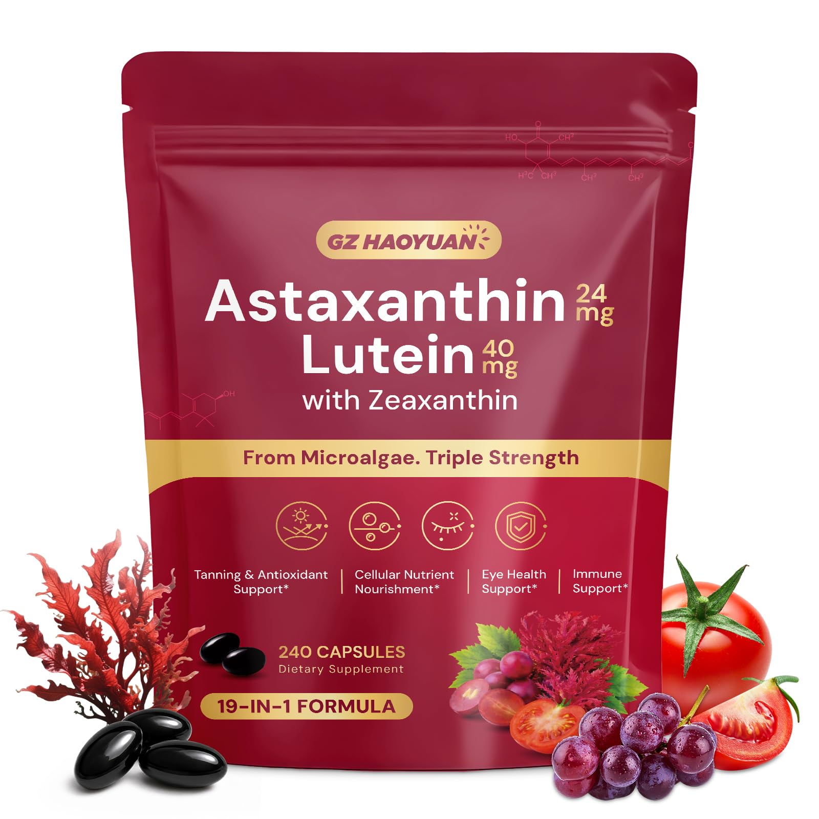 19 in 1 Astaxanthin 24mg, 8 Month Supply, Astaxanthin Supplements Sourced from Fresh Microalgae with Lycopene, Grape Seed, Vitamin E, Supports Eye, Immune, Skin Health, Antioxidant - 240 Capsules