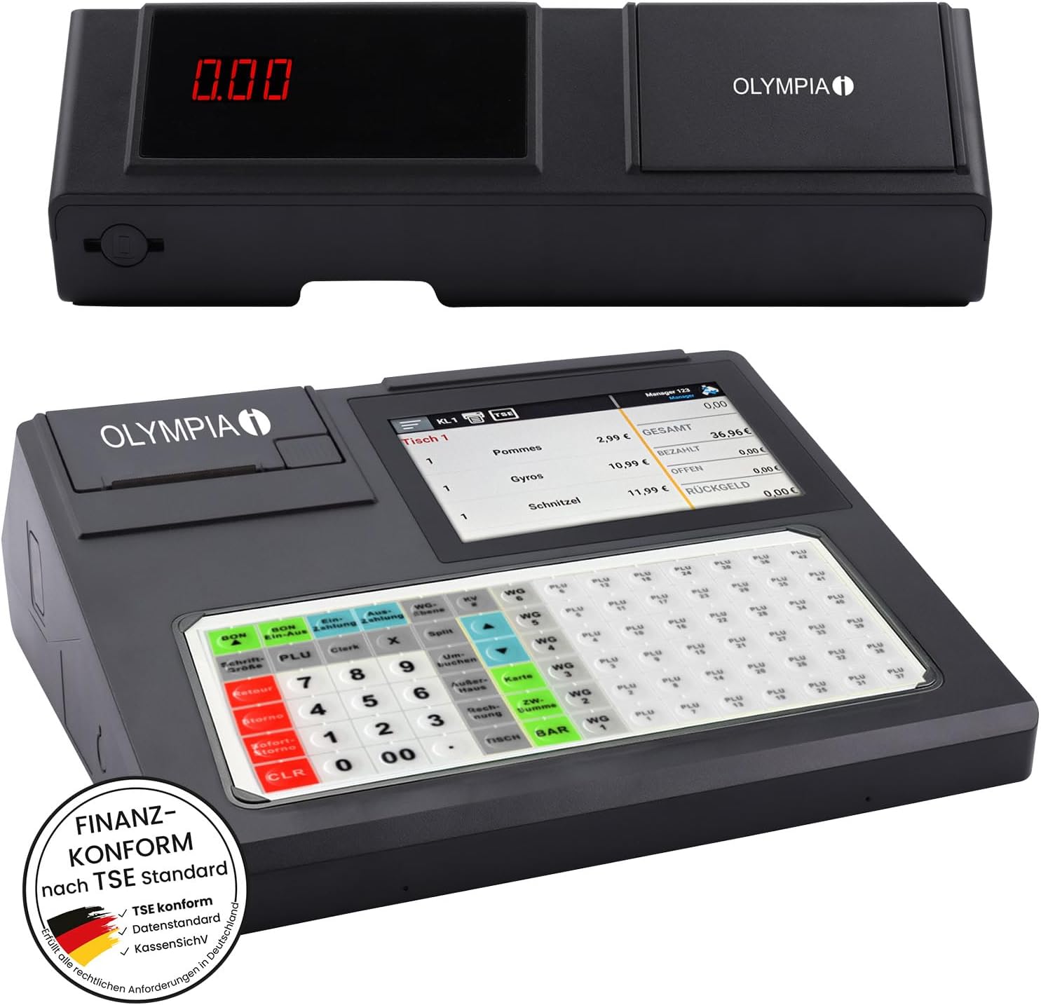 Olympia K200 Plus Cashier Register for Commercial and Gastronomy | 7 Inch Touch Screen | Customer LED Display | 80 mm Thermal Printer | Flat Keyboard with 84 Keys | Graphic Logo |